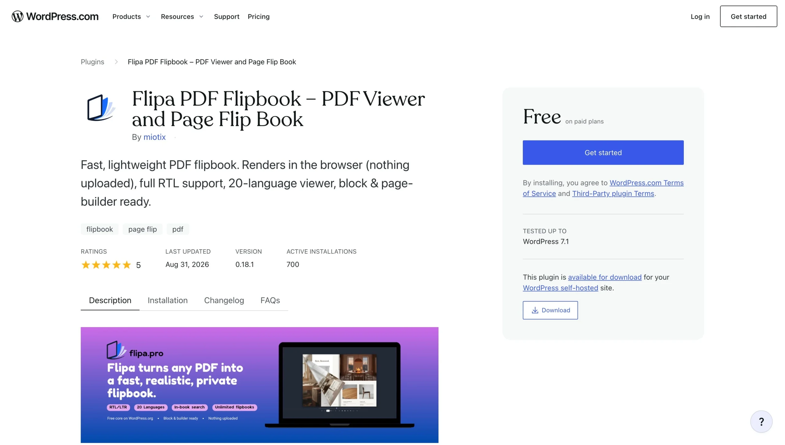 Flipa PDF Flipbook plugin page showing features, ratings, pricing, and download options