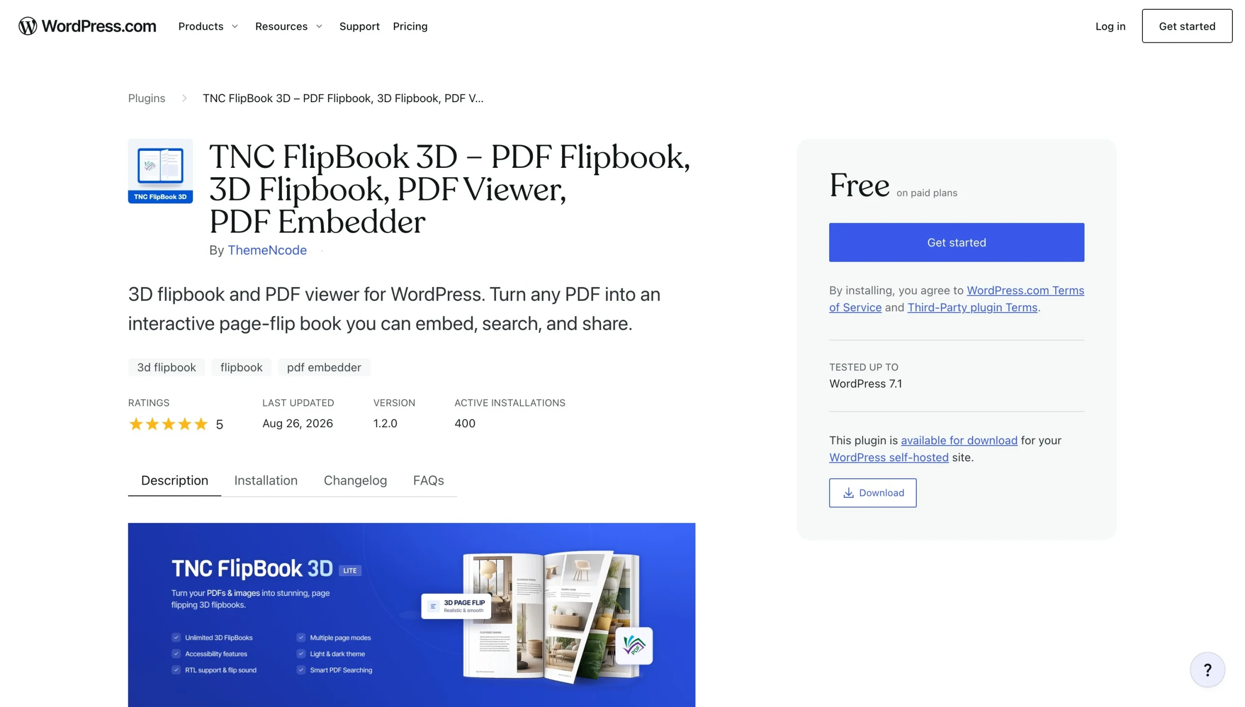 TNC FlipBook 3D plugin page showing ratings, installations, and download options