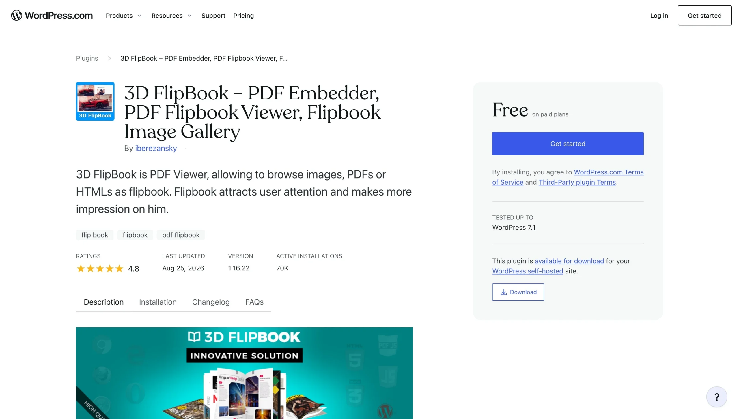3D FlipBook plugin page showing ratings, active installations, pricing, and download options