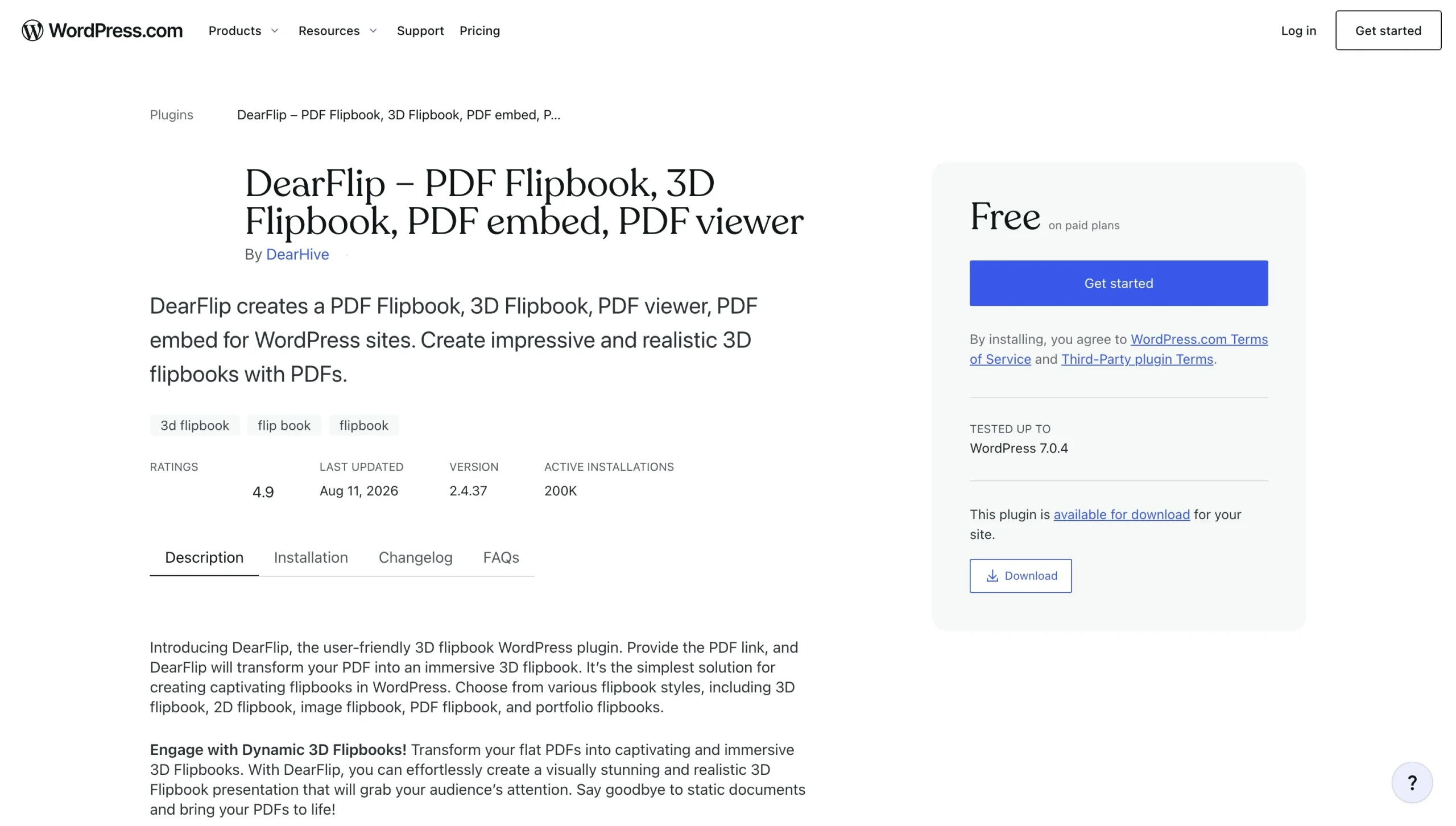 DearFlip plugin page showing ratings, active installations, pricing, and download options