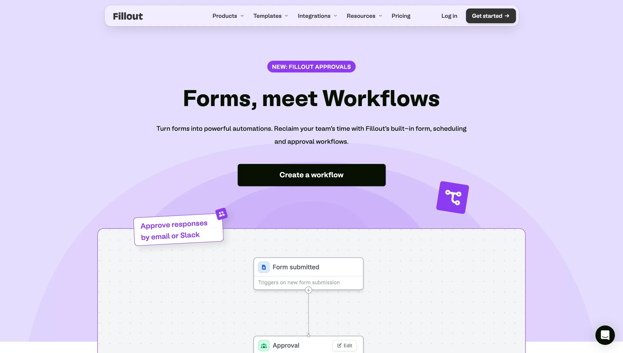 Fillout approvals page showing a form submission connected to an approval workflow
