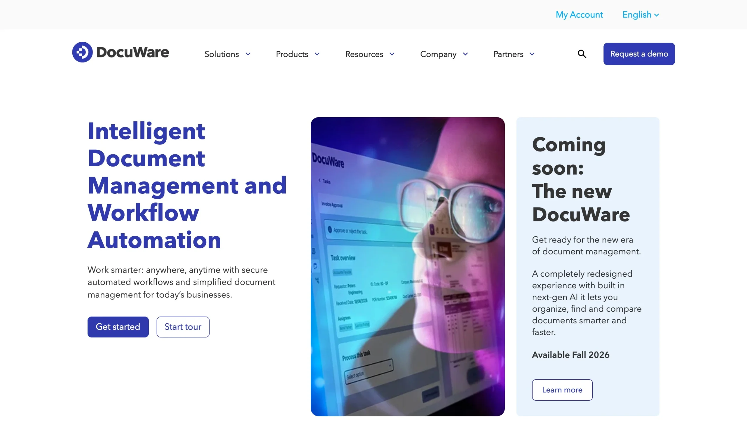 DocuWare homepage highlighting document management and automated workflow capabilities