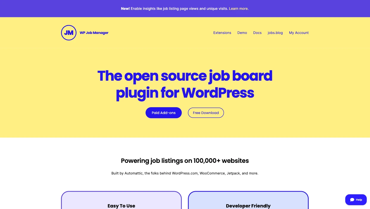 WP Job Manager website with the words: "The open source job board plugin for WordPress"