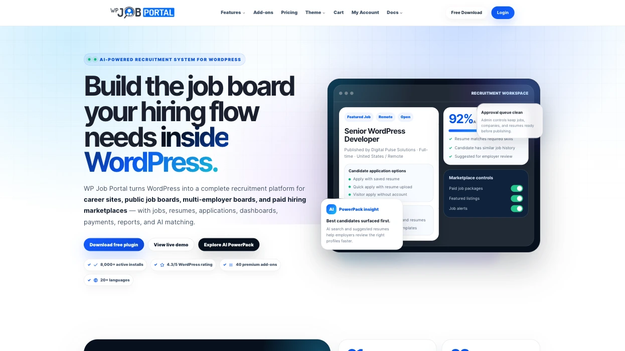 WP Job Portal website with the words: "Build the job board your hiring flow needs inside WordPress"