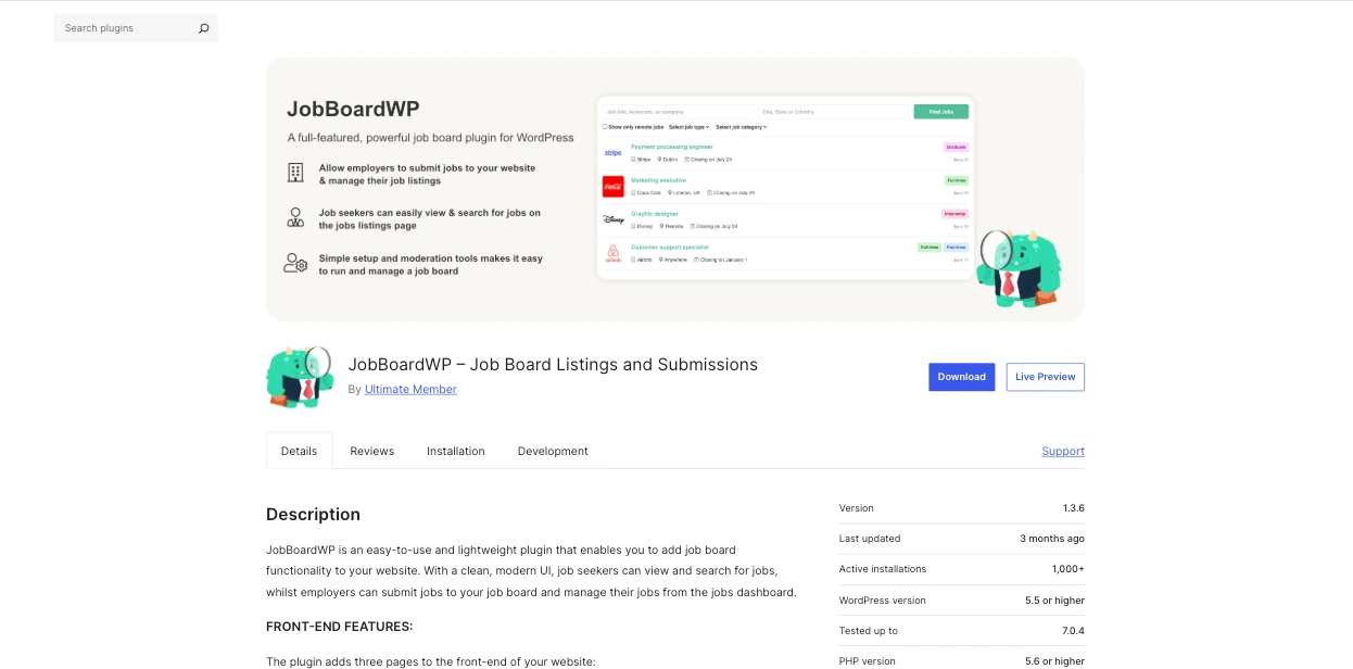 JobBoardWP listing in the WordPress Plugin Directory