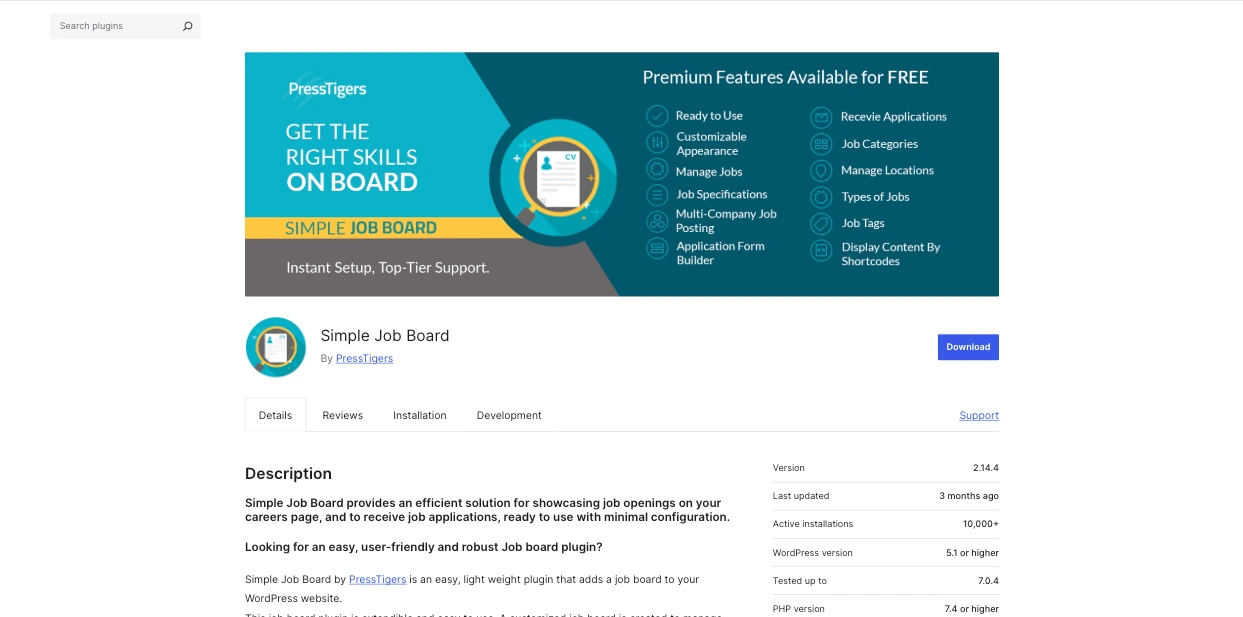 Simple Job Board listing in the WordPress Plugin Directory