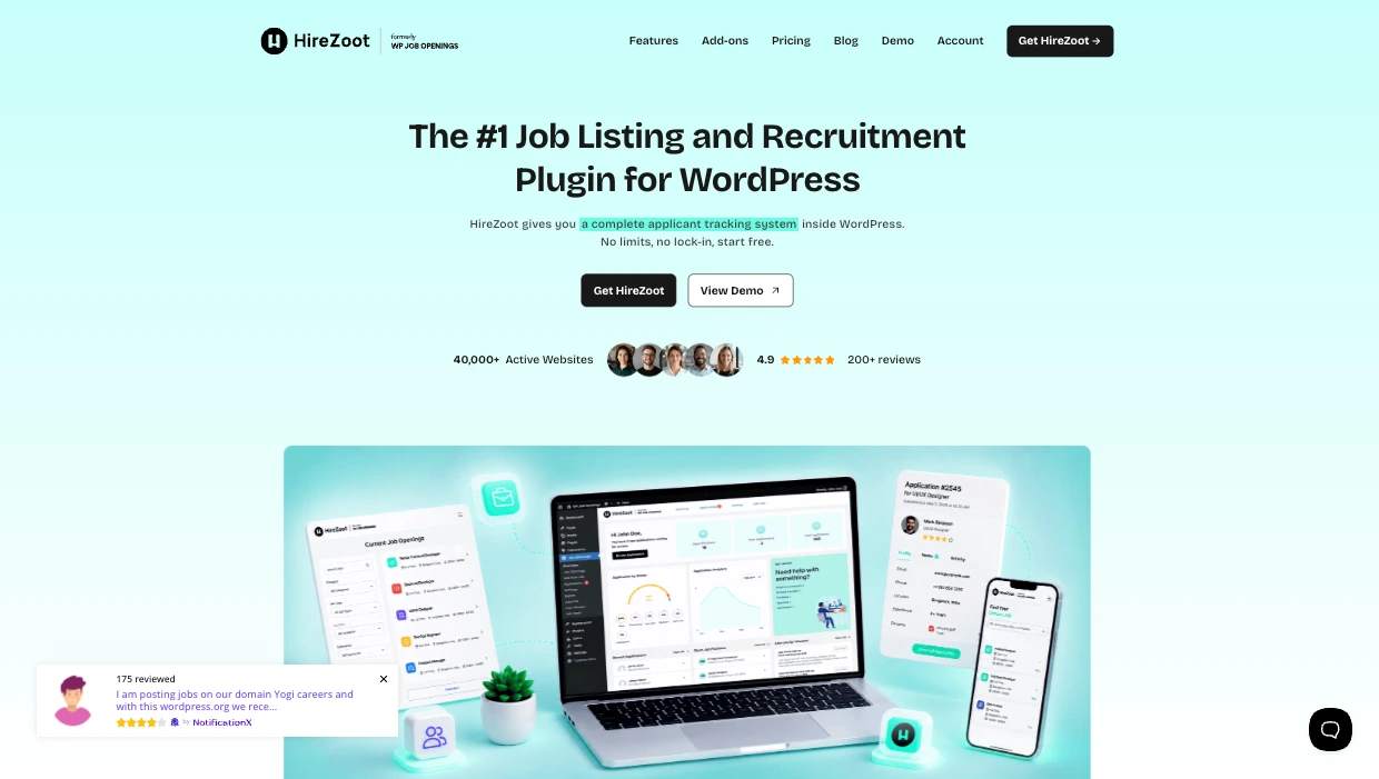 HireZoot website with the words: "The #1 Job Listing and Recruitment Plugin for WordPress"