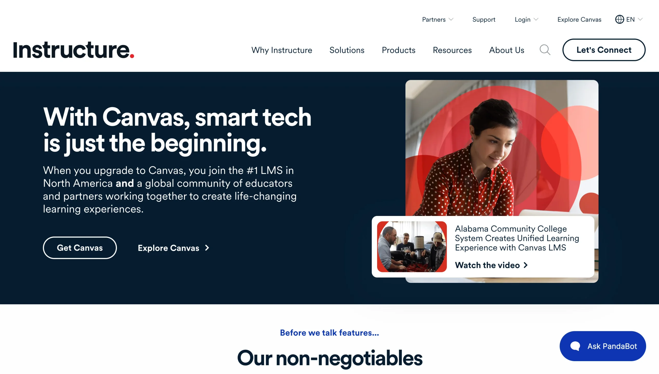 학습 플랫폼 및 교육 기술 기능을 강조하는 Canvas LMS 홈페이지