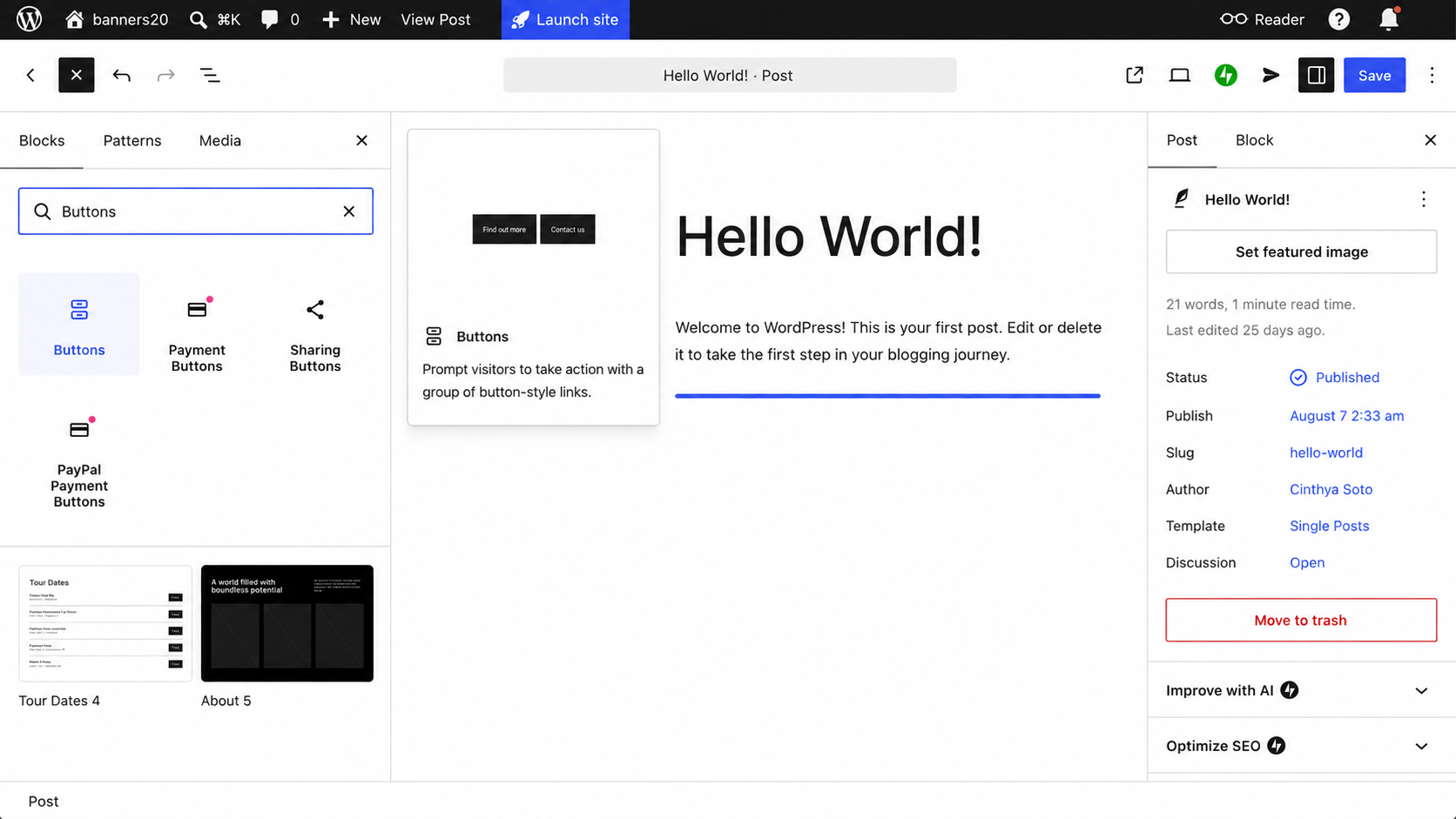 WordPress block editor with the block inserter open and the Buttons block highlighted in the search results