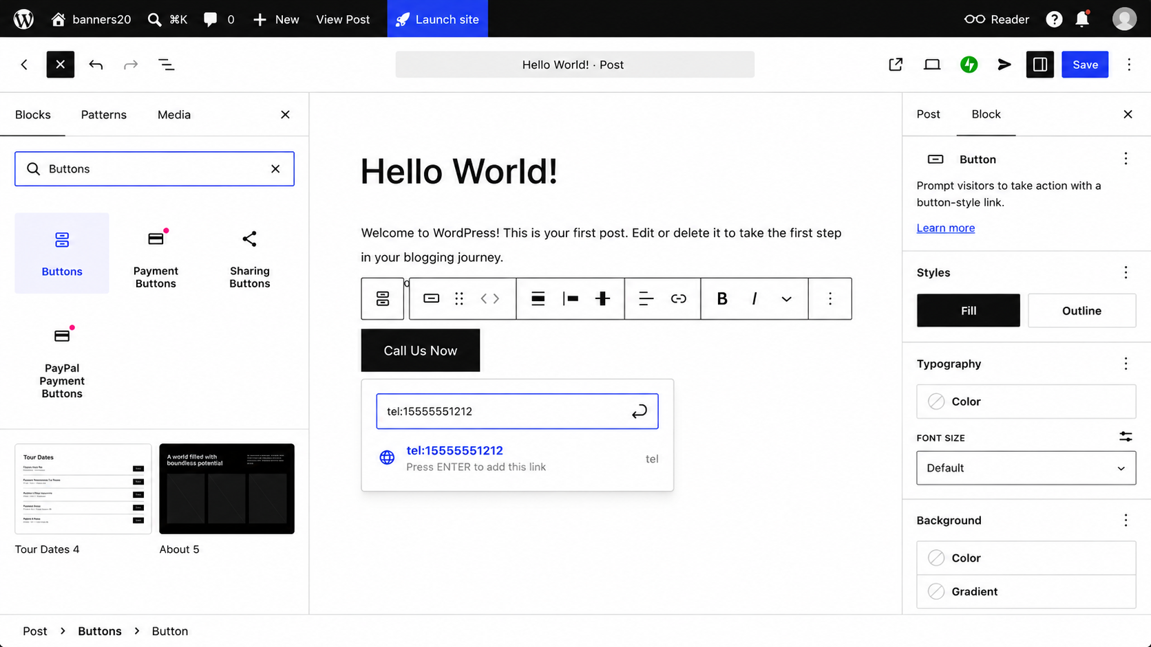 WordPress editor showing a “Call Us Now” button with a telephone link being entered in the link field