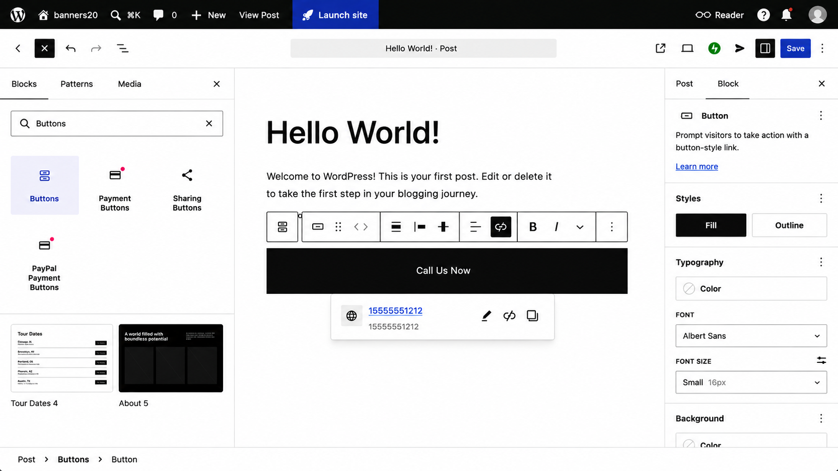WordPress editor showing the completed “Call Us Now” button linked to a telephone number