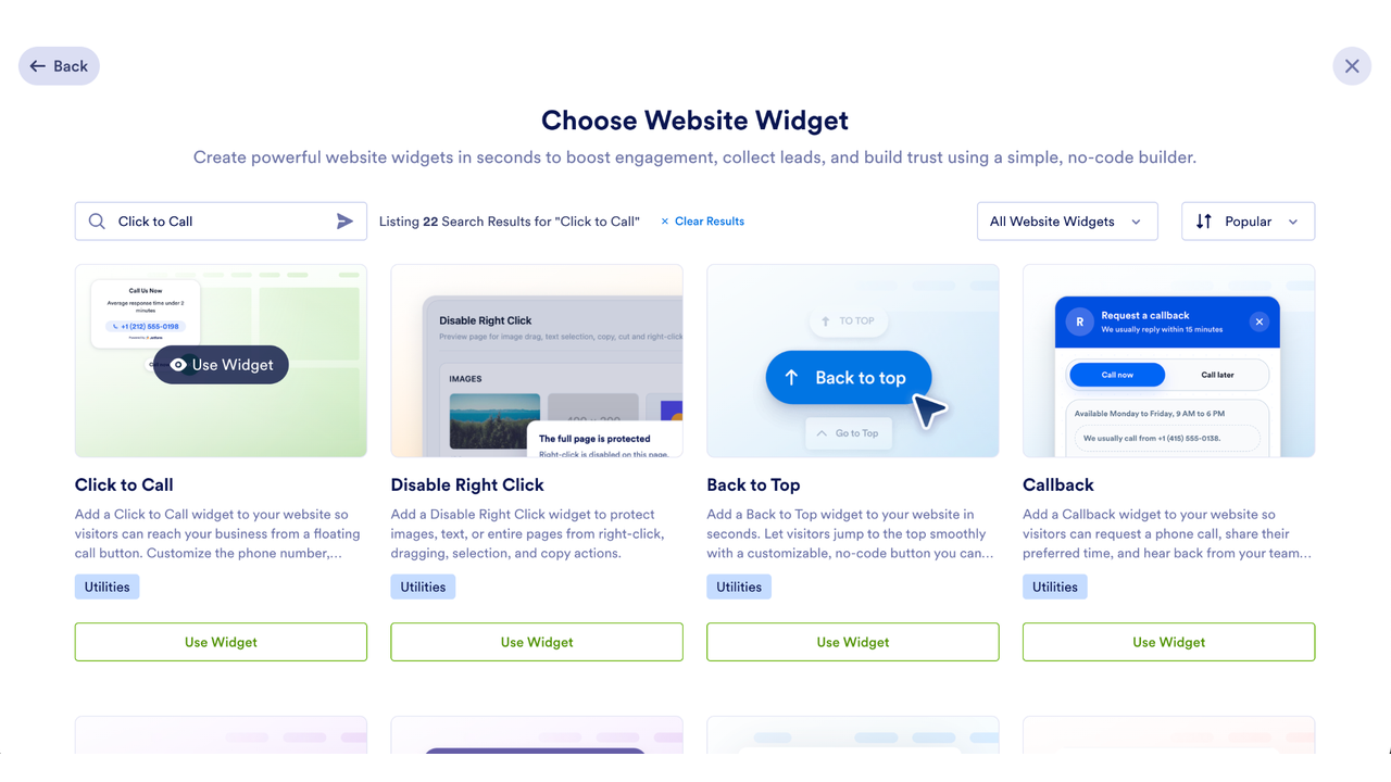 Jotform Website Widgets search results showing Click to Call, Disable Right Click, Back to Top, and Callback widget options