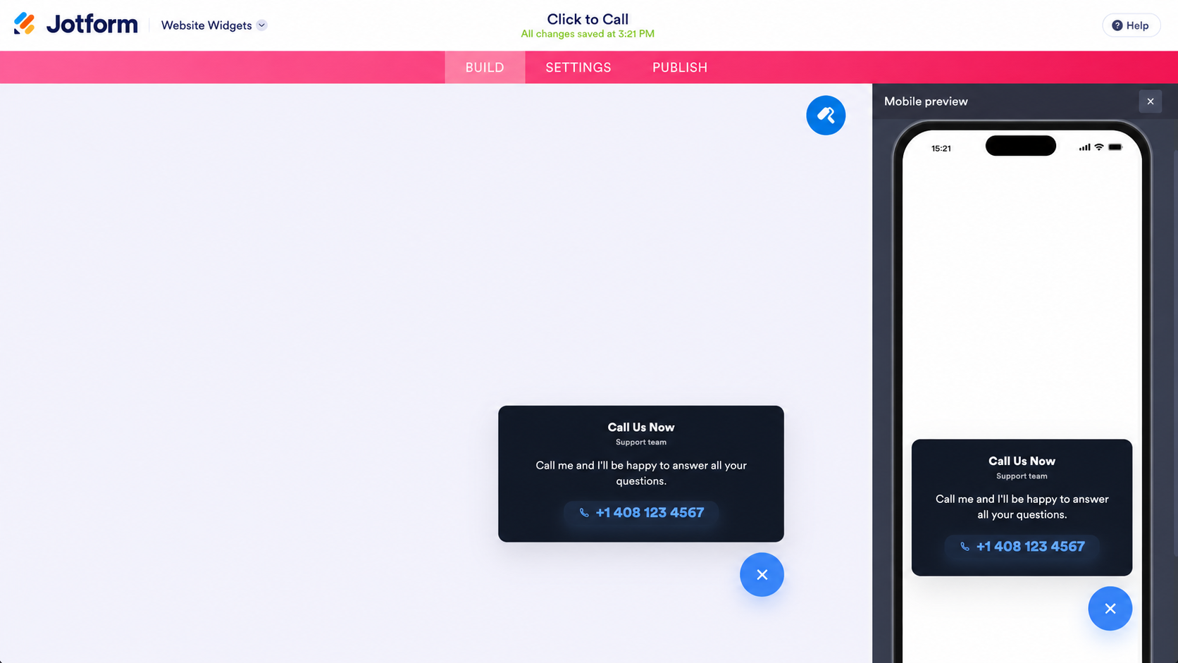Jotform Click to Call Widget Builder showing desktop and mobile previews of a support call card with a phone number
