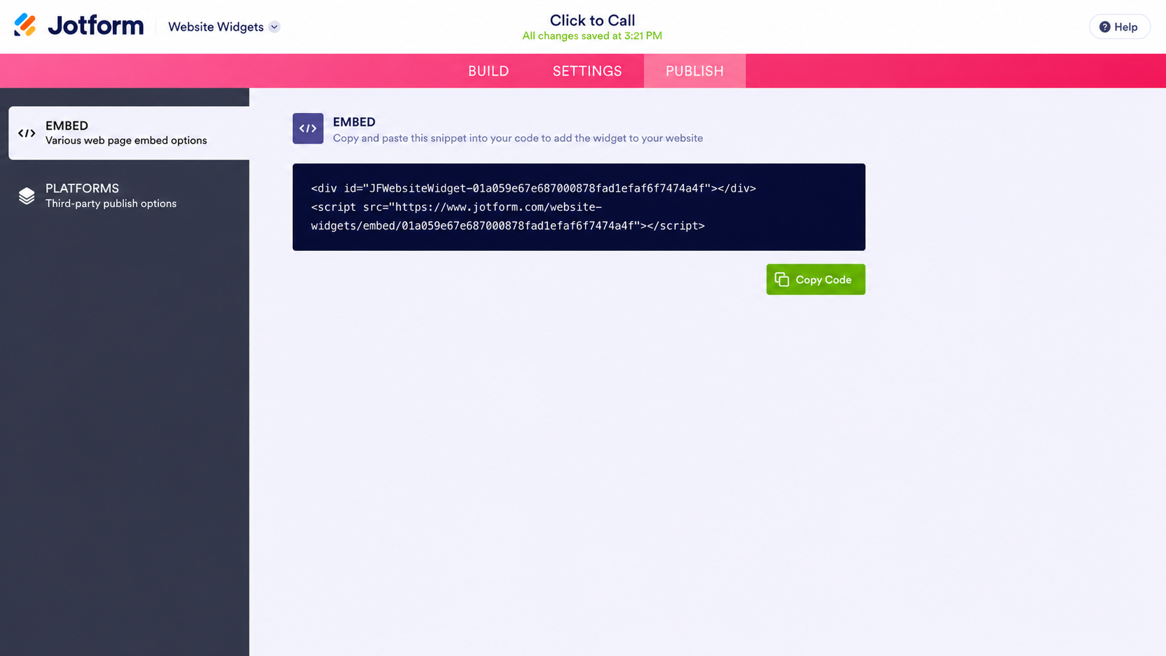 Jotform Click to Call Widget publish screen showing the embed code and Copy Code button