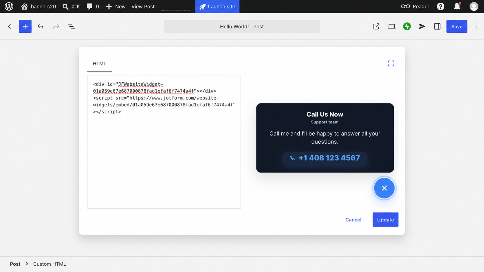 WordPress Custom HTML editor showing a Jotform “Call Us Now” widget preview with a support message and phone number
