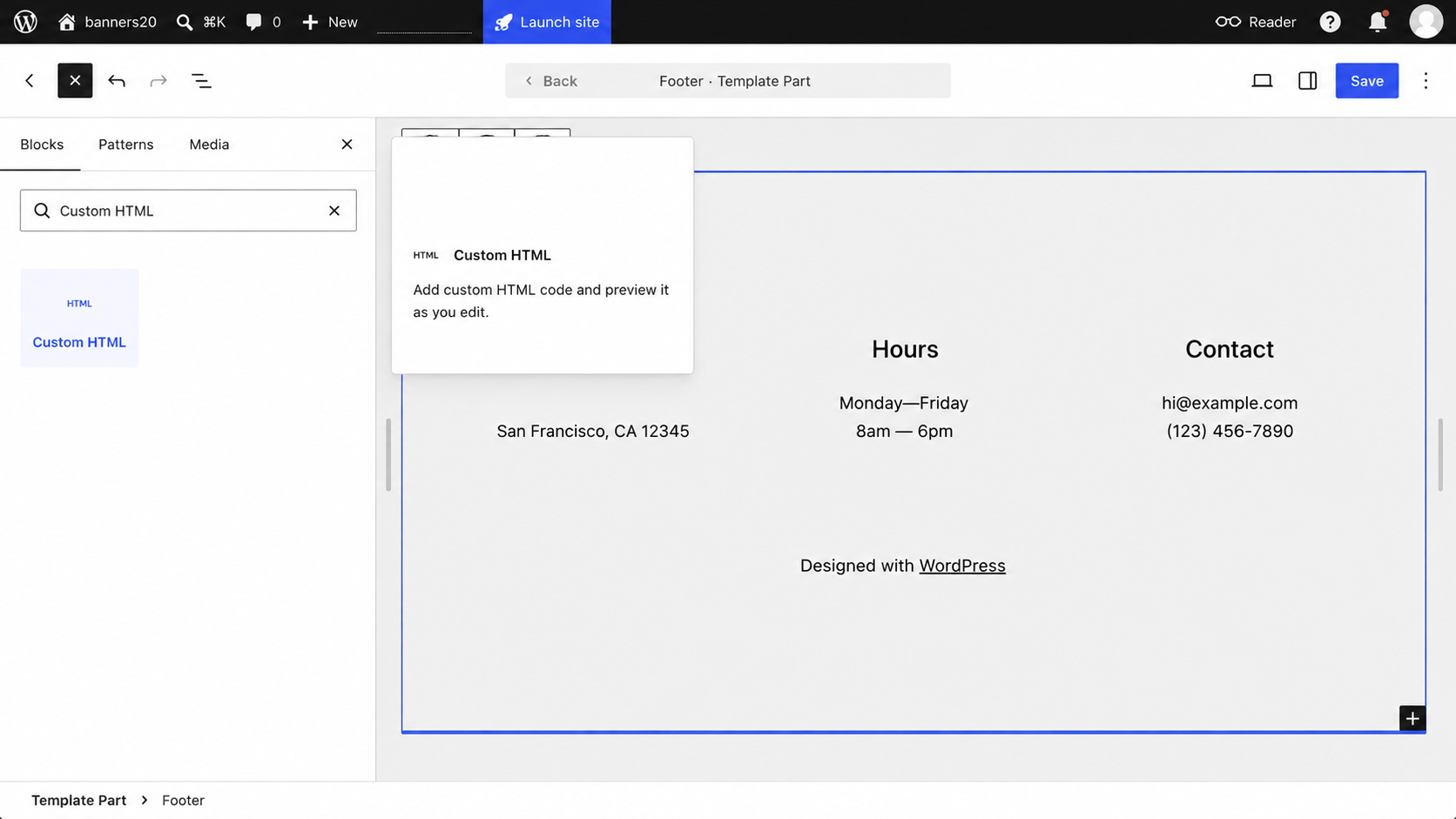 WordPress footer template editor showing the Custom HTML block option alongside business hours and contact information