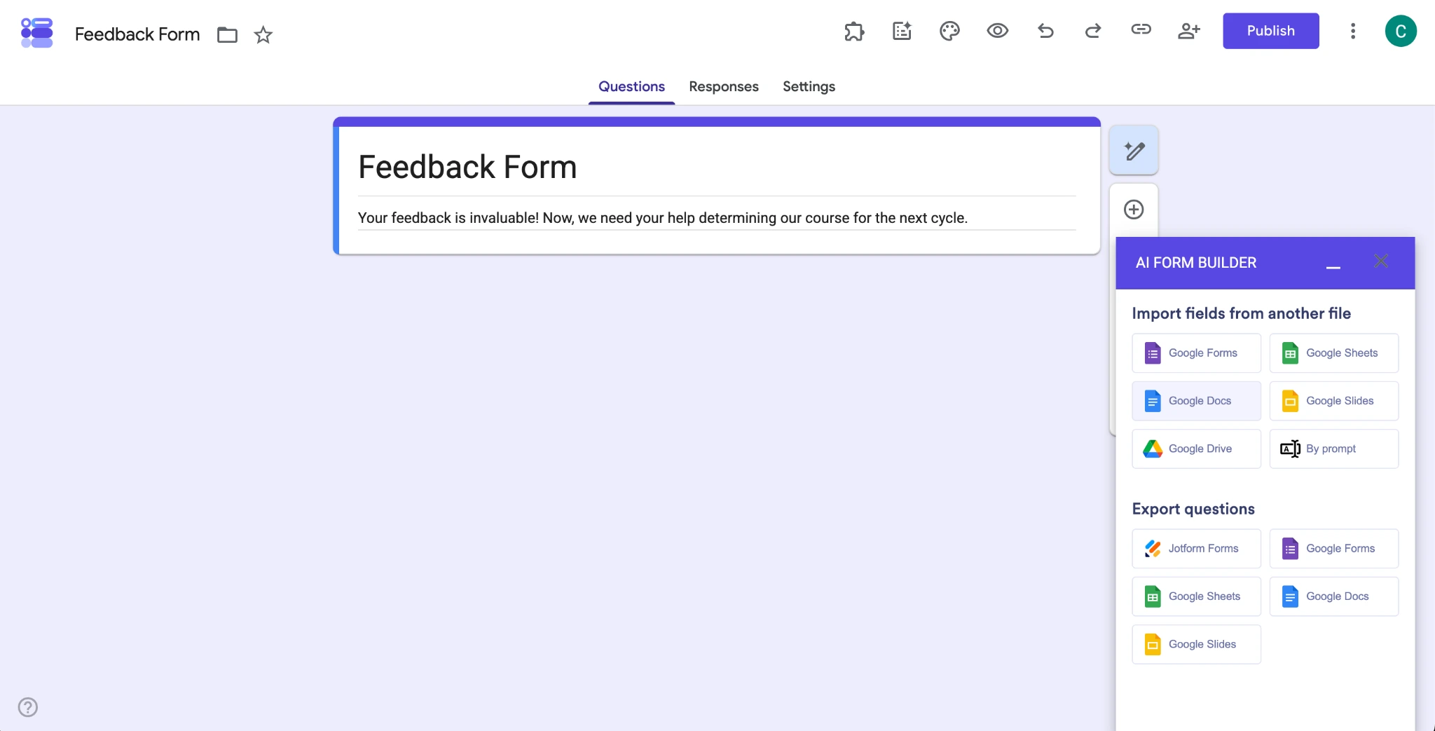 AI Form Builder panel in a Feedback Form