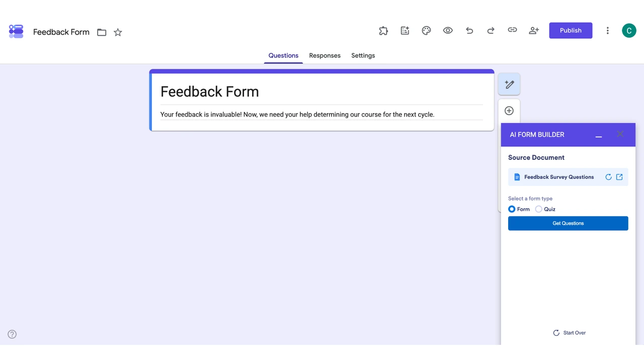 AI Form Builder with source document selected