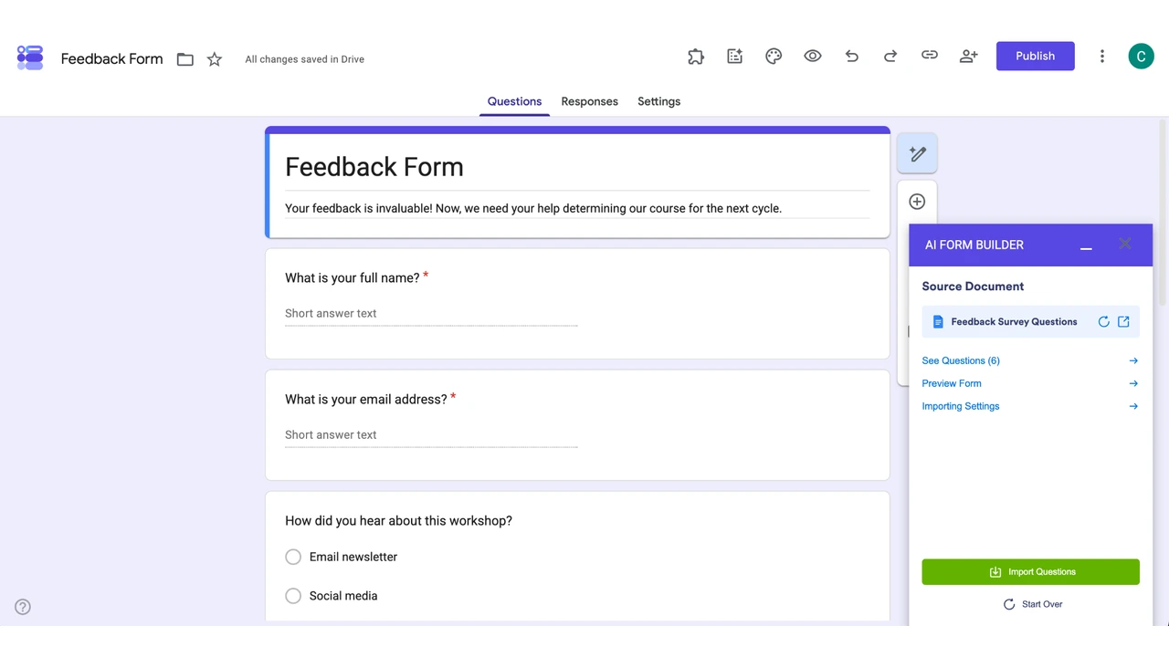 AI Form Builder ready to import questions