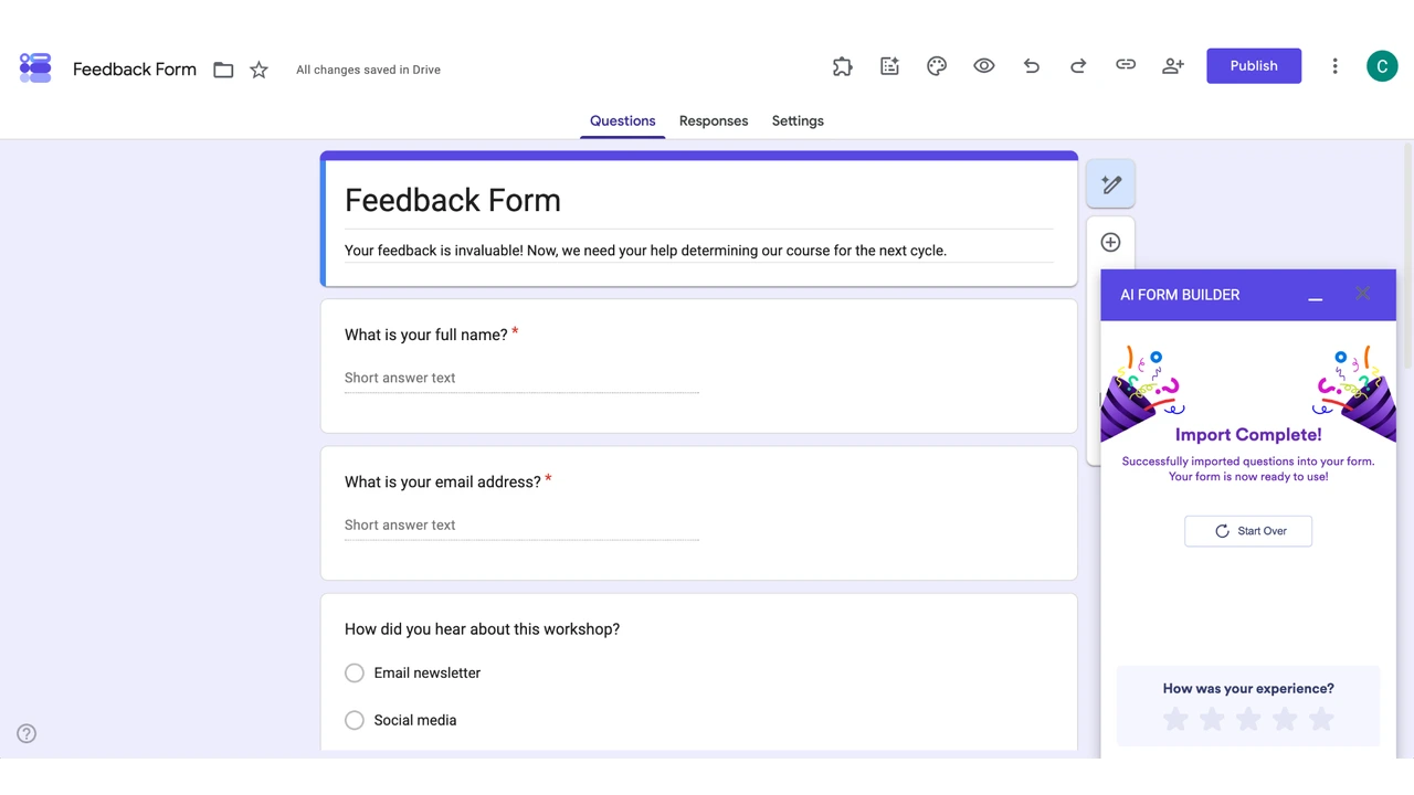 Feedback Form with AI Form Builder import complete