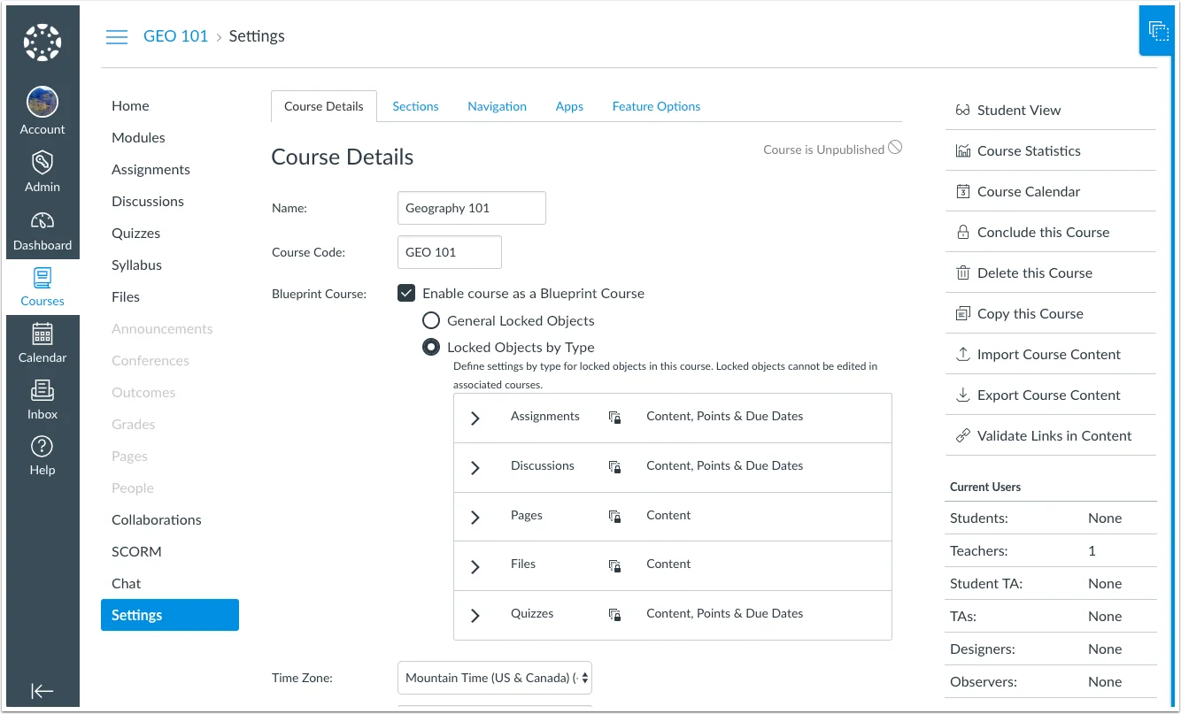 Geography 101 강좌의 Canvas Course Details 설정 페이지