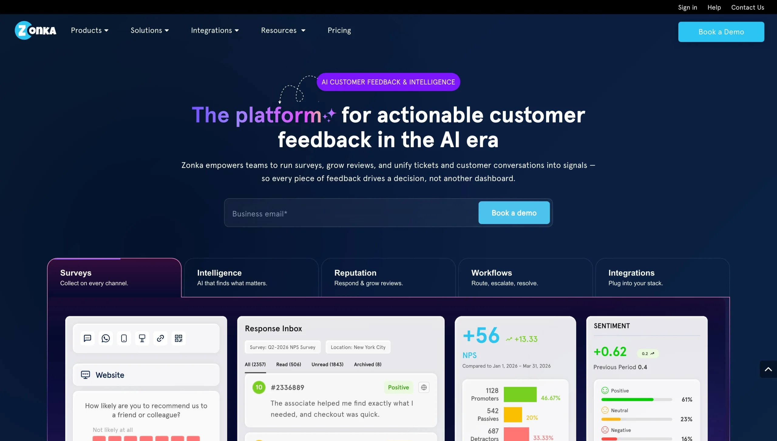 AI 기반 피드백 인텔리전스 및 고객 설문조사 분석을 보여주는 Zonka Feedback 홈페이지