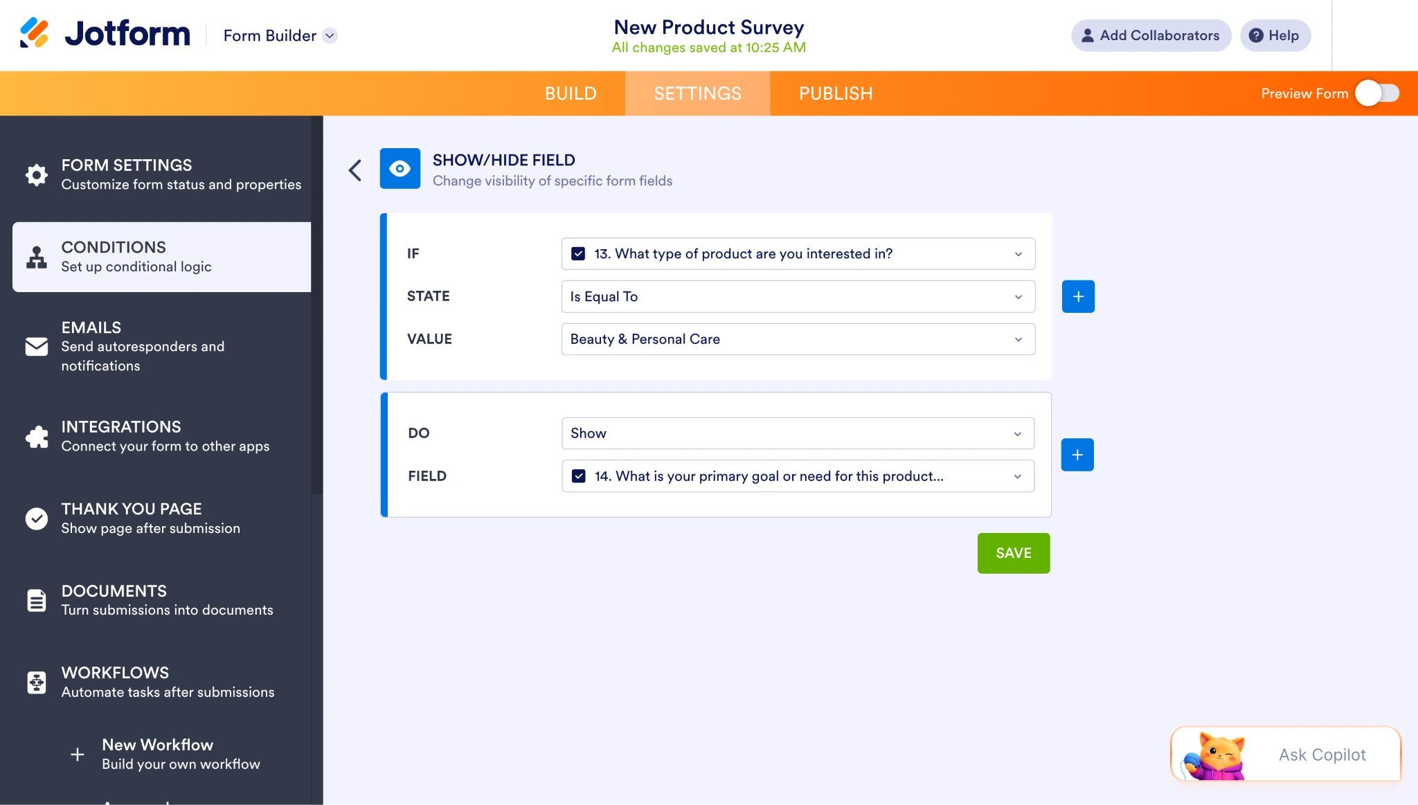 Jotform condition showing primary goal question for Beauty & Personal Care responses