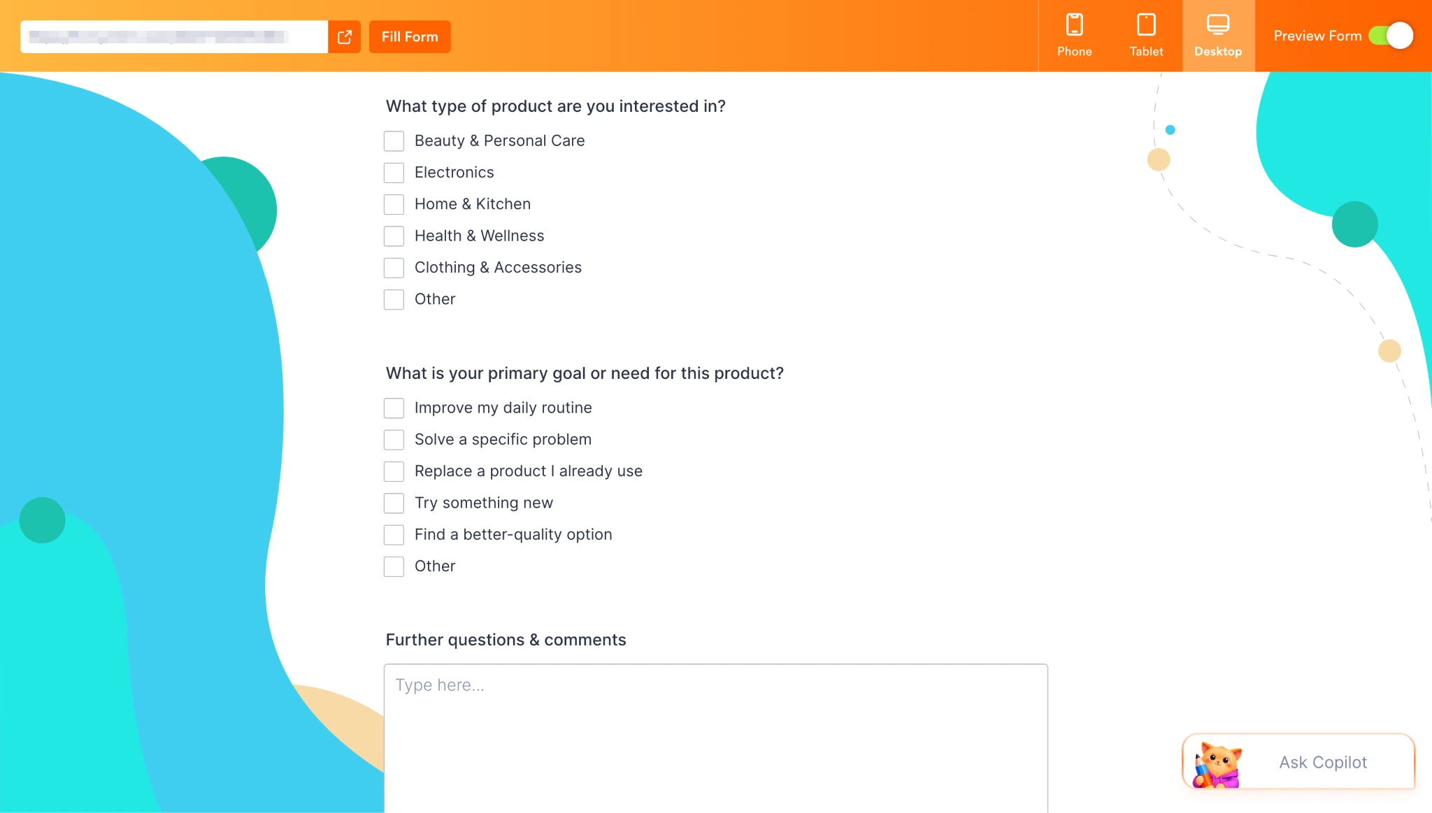 Jotform form preview displaying product interest and primary goal questions