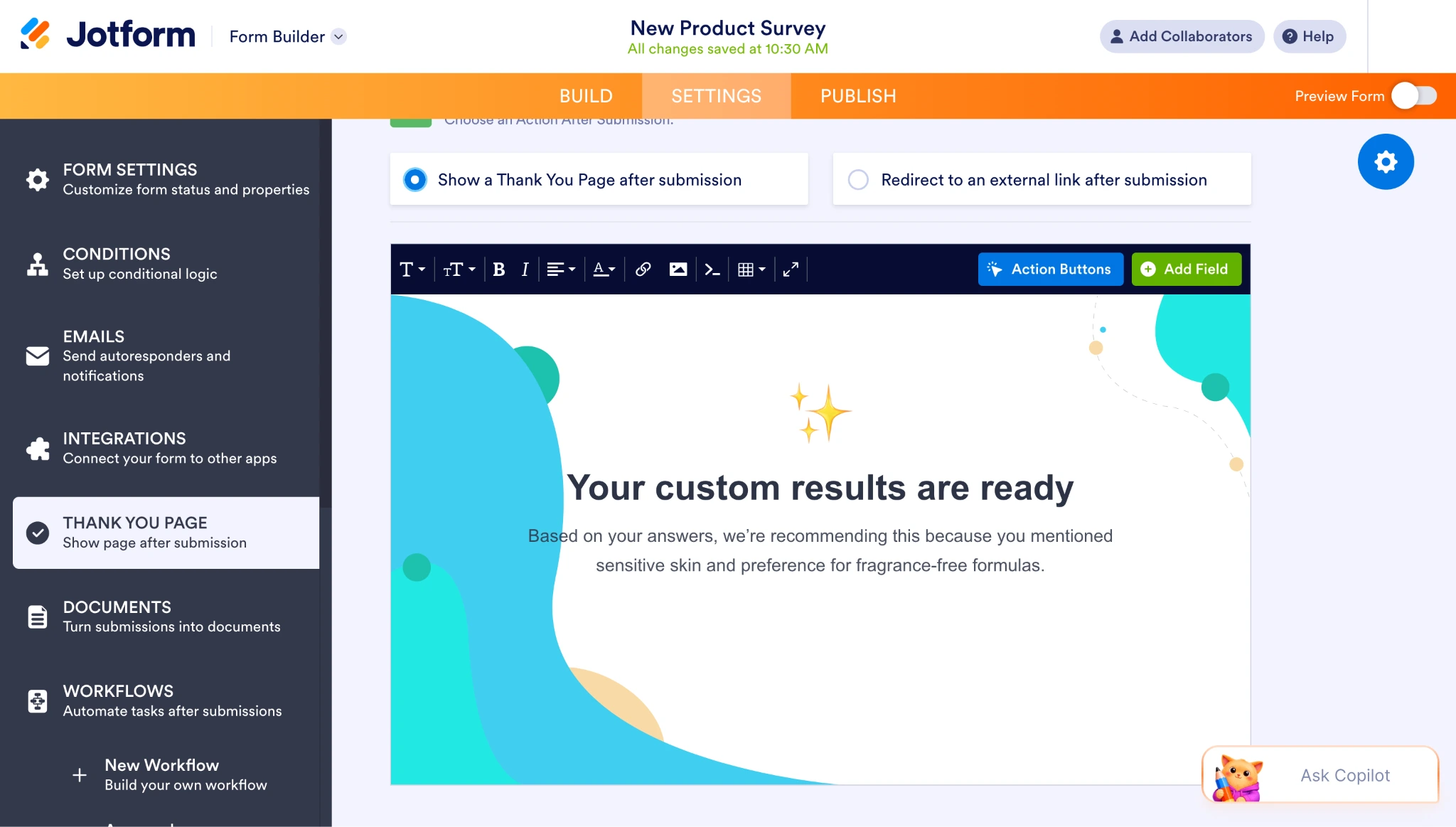 Jotform Thank You Page editor displaying a customized product recommendation message