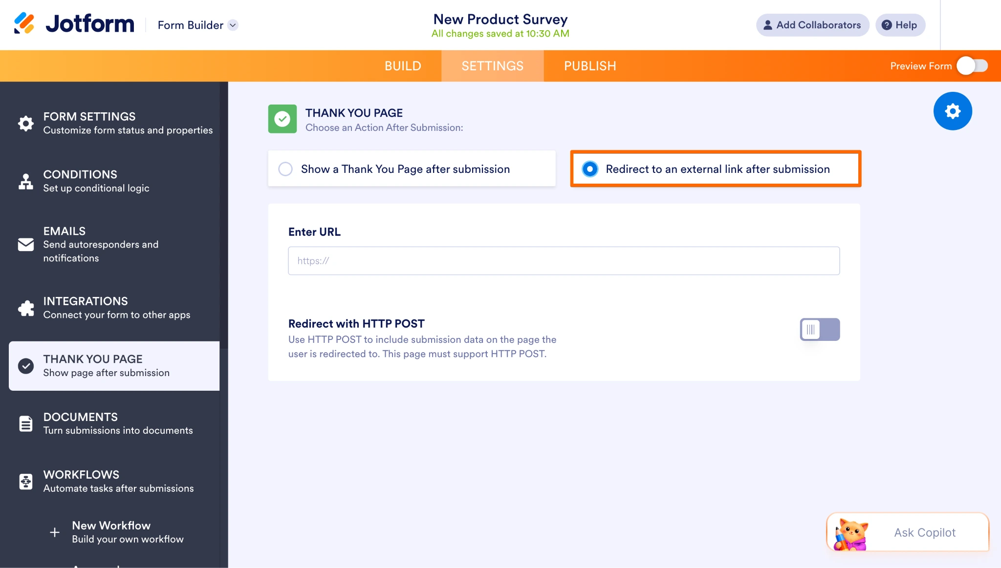 Jotform Thank You Page settings with external link redirect option selected