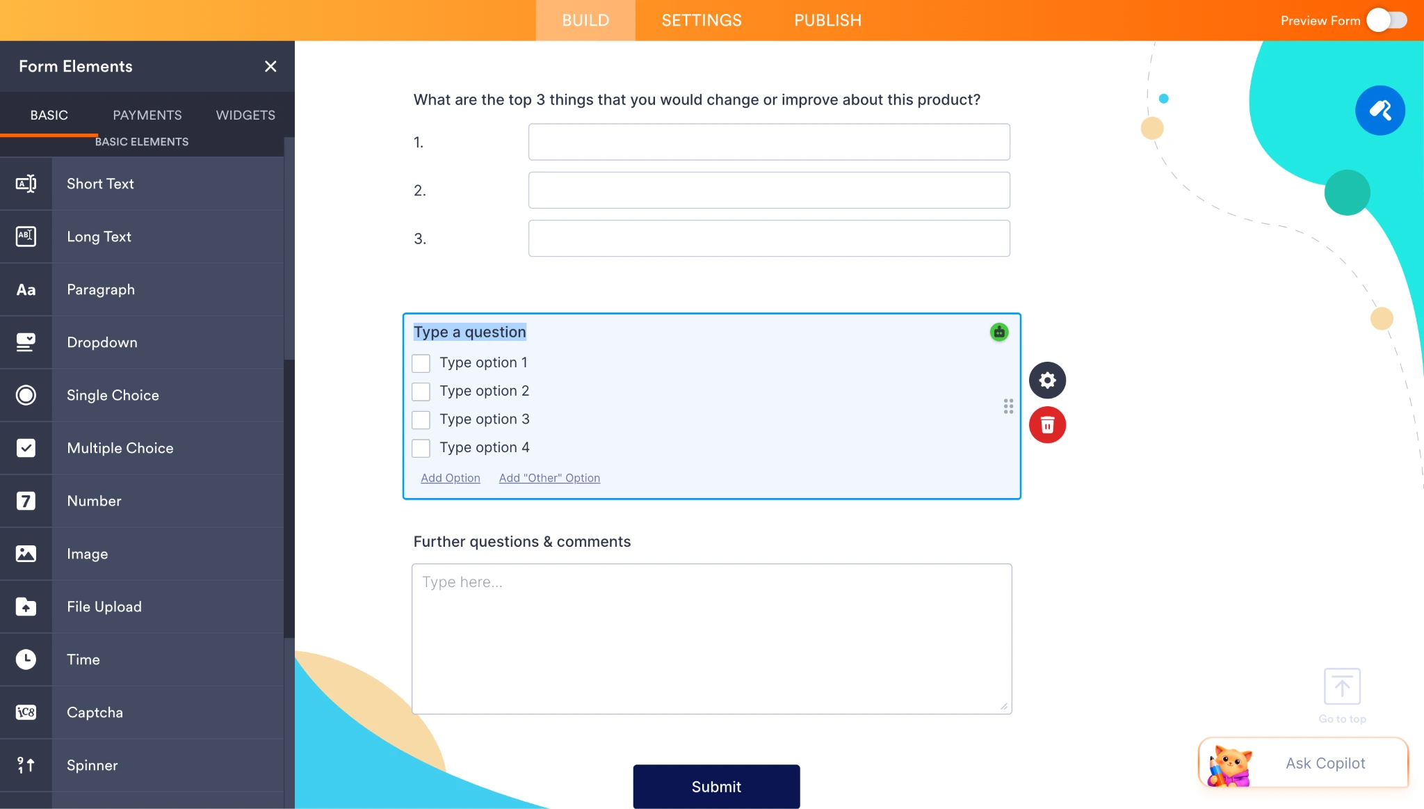 Jotform Form Builder editing a multiple choice question in a product survey
