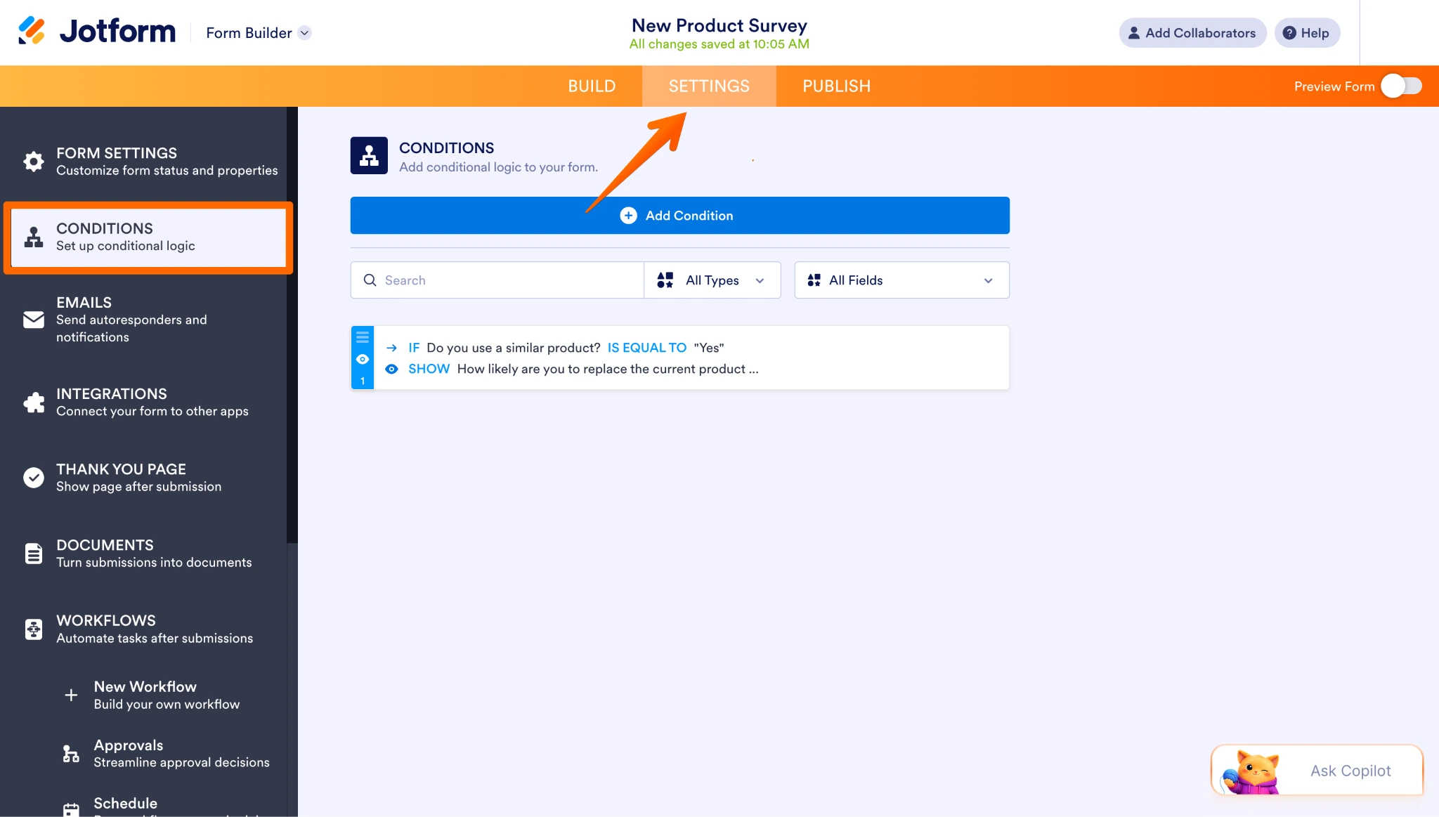 Jotform Conditions panel showing a rule triggered by a previous product answer