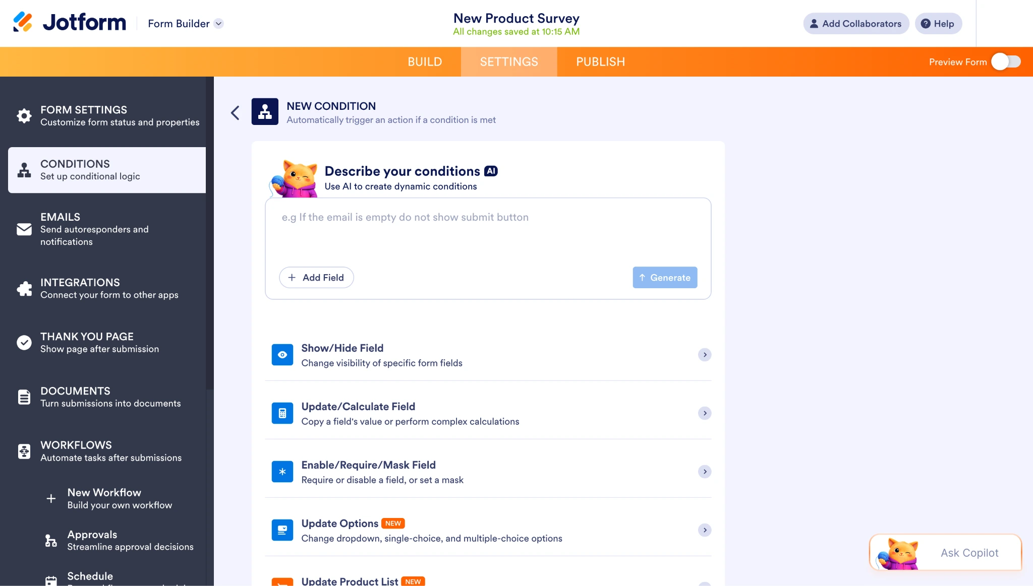 Jotform New Condition menu with Show Hide Field and other logic options