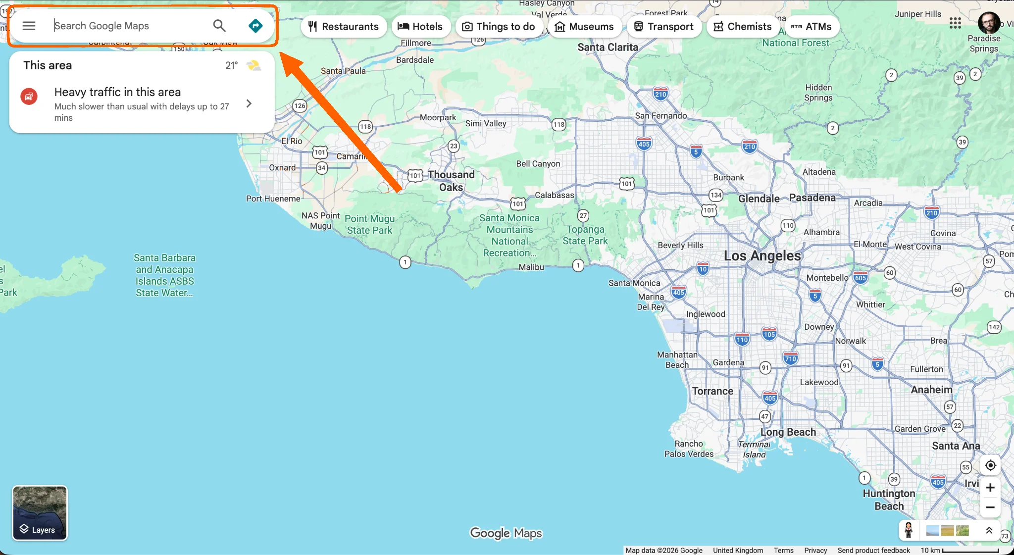 Google Maps page showing route information and a map of Los Angeles