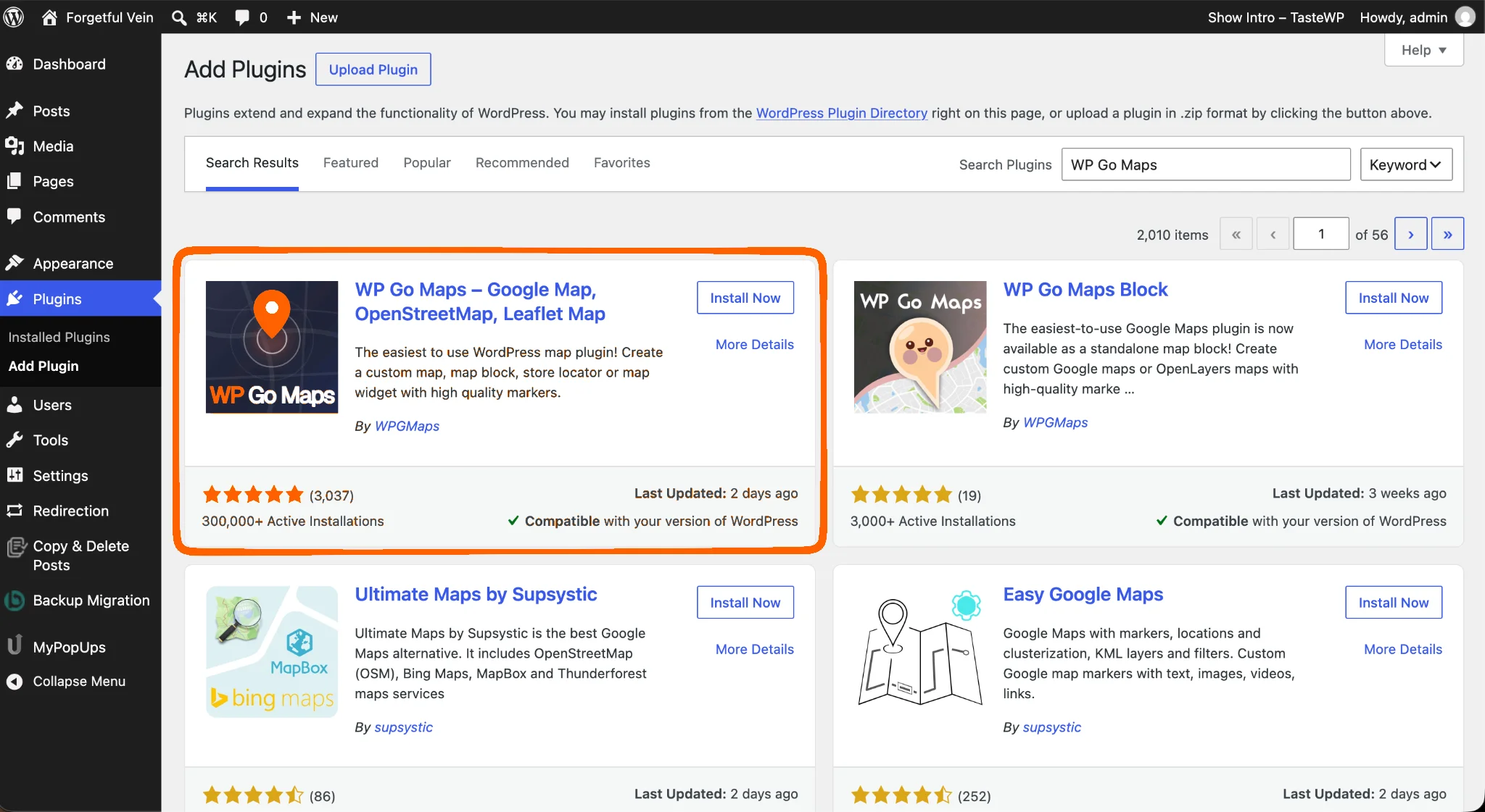 WordPress Plugins page showing WP Go Maps ready to install