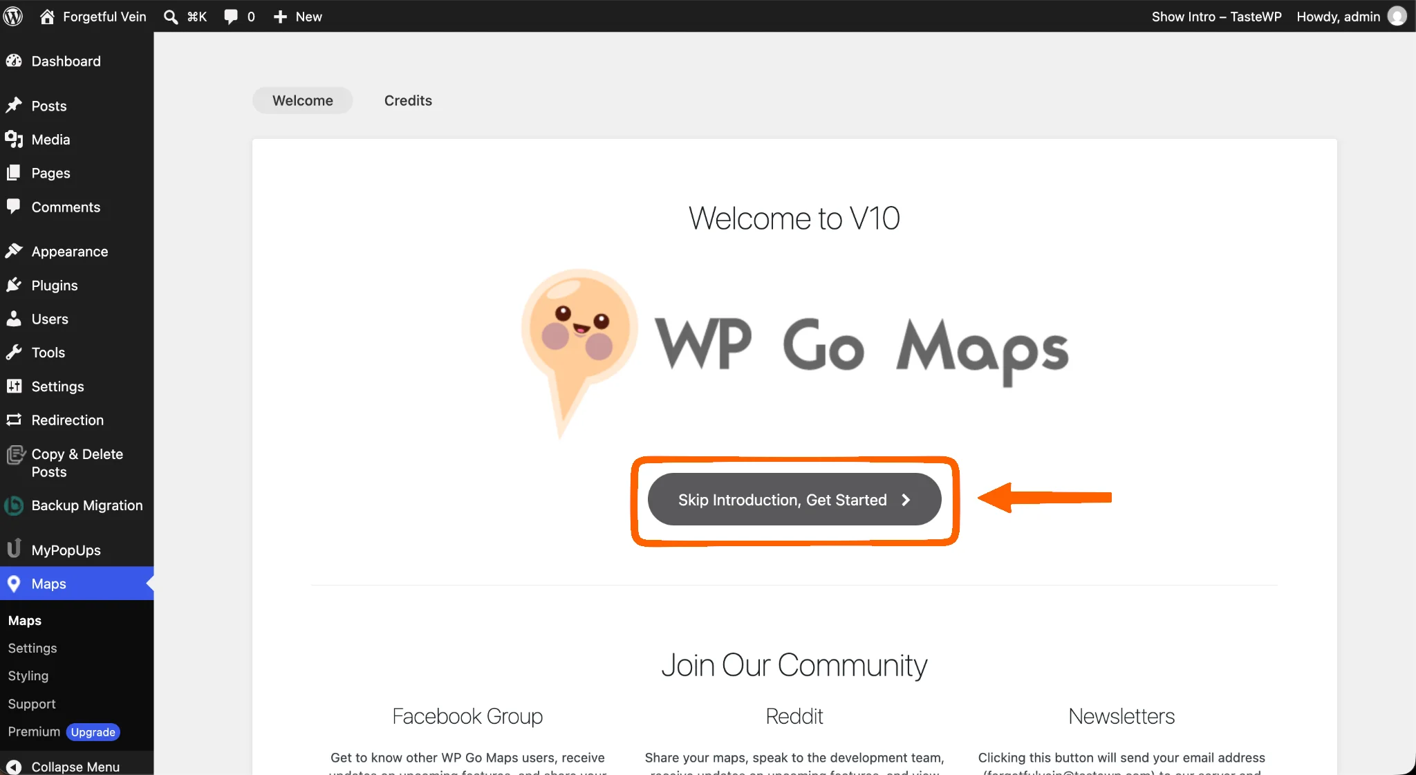 WP Go Maps welcome screen with Skip introduction highlighted