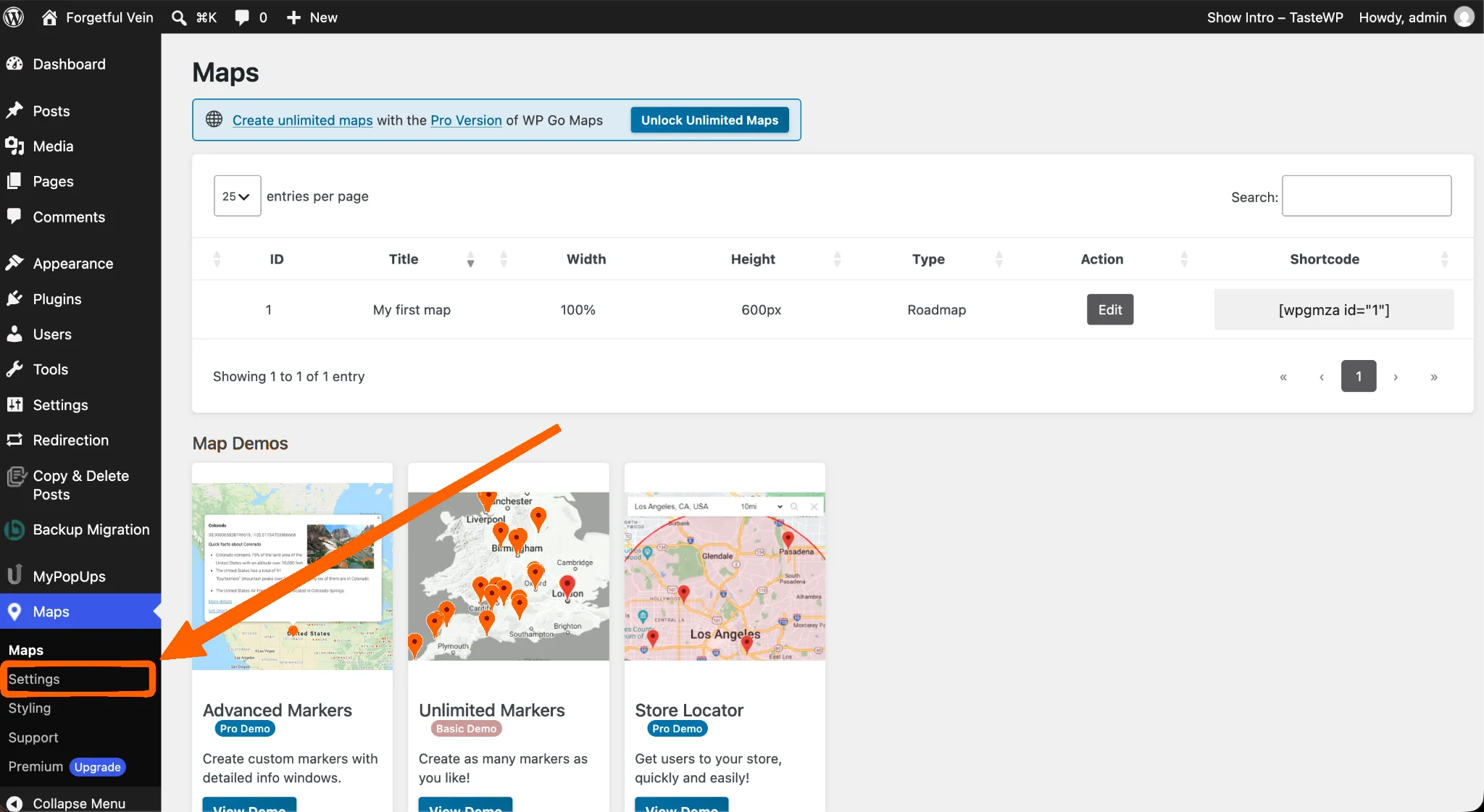 WP Go Maps dashboard with Settings selected in the sidebar