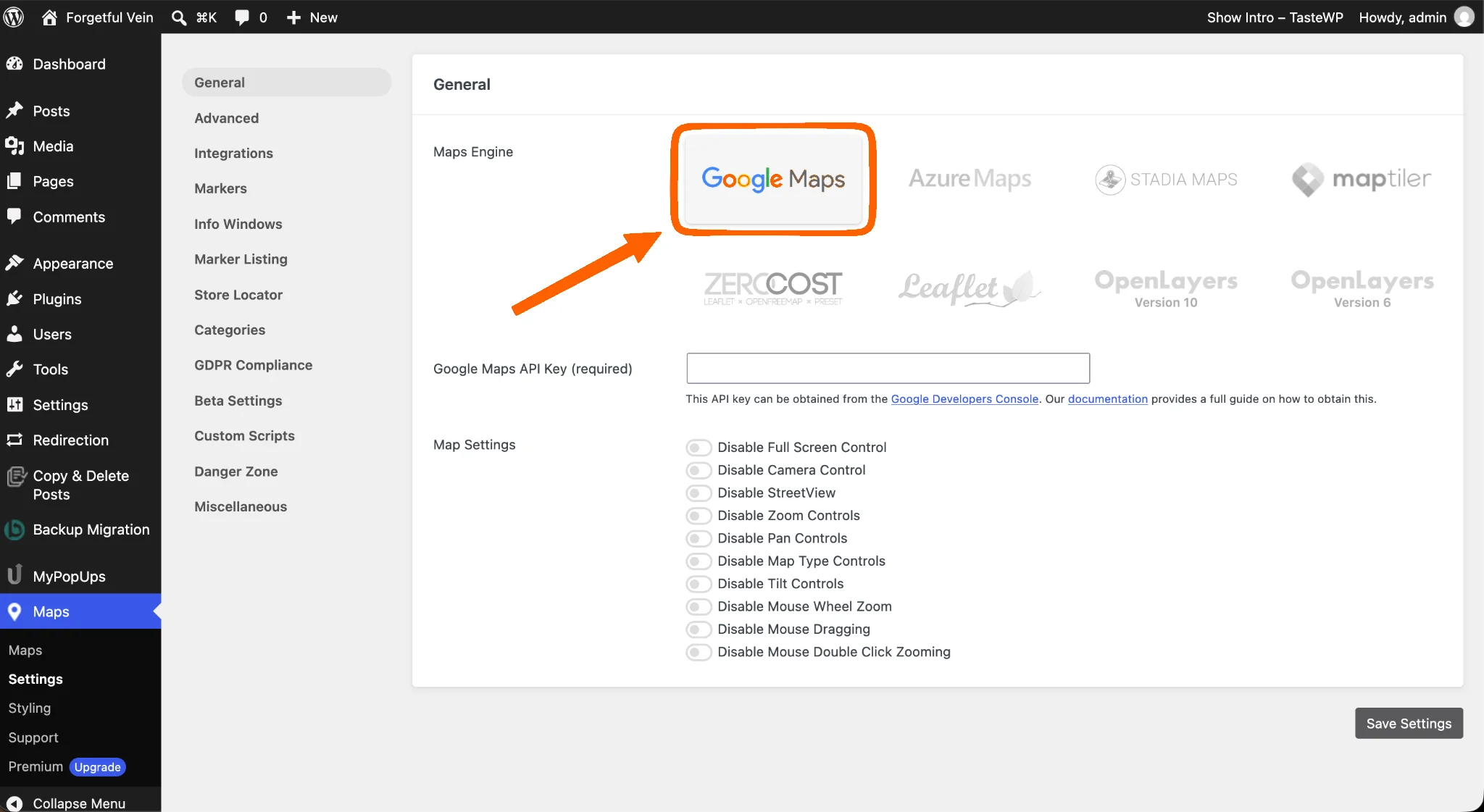 WP Go Maps General settings with Google Maps selected as the map engine