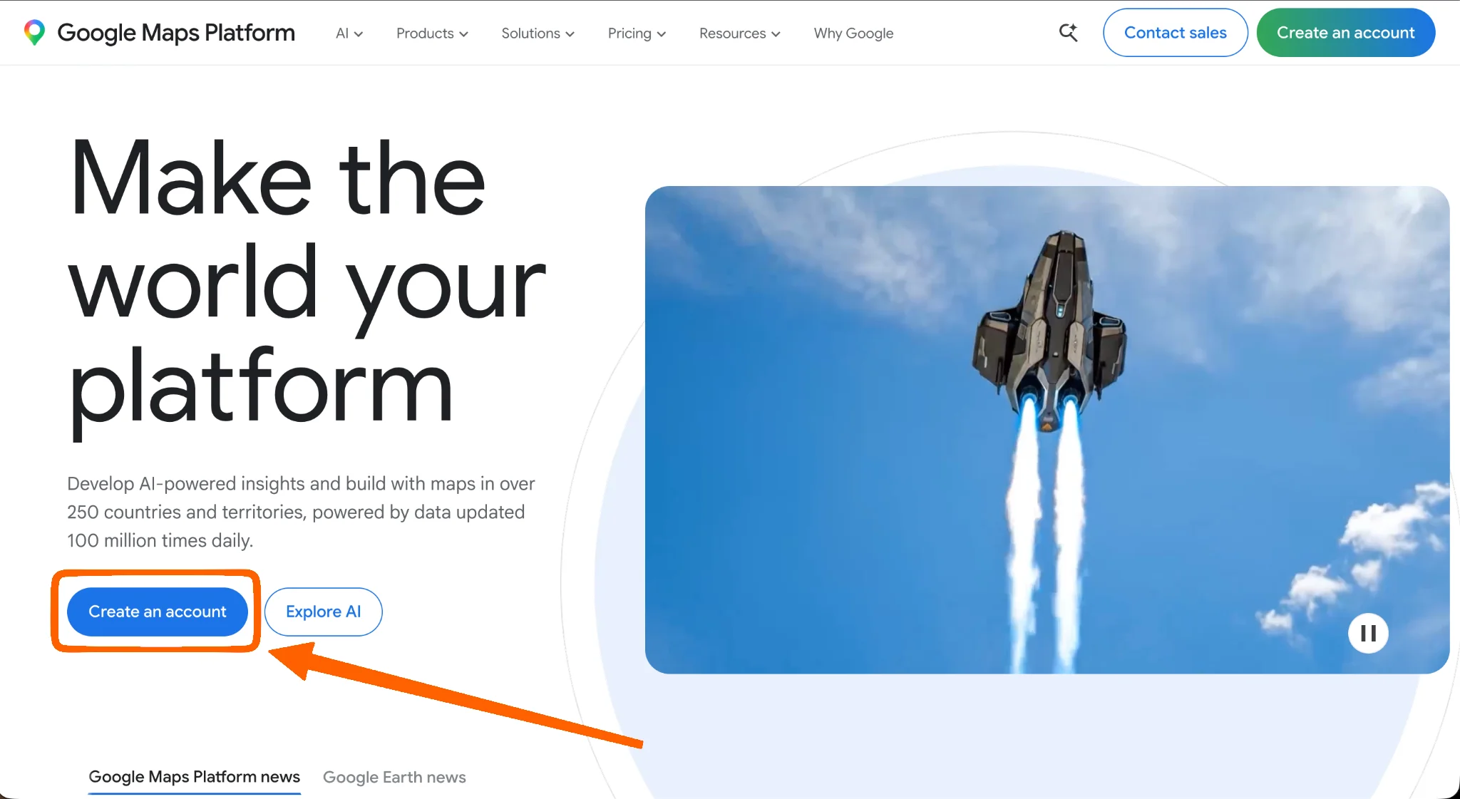 Google Maps Platform homepage with the Create an account button highlighted