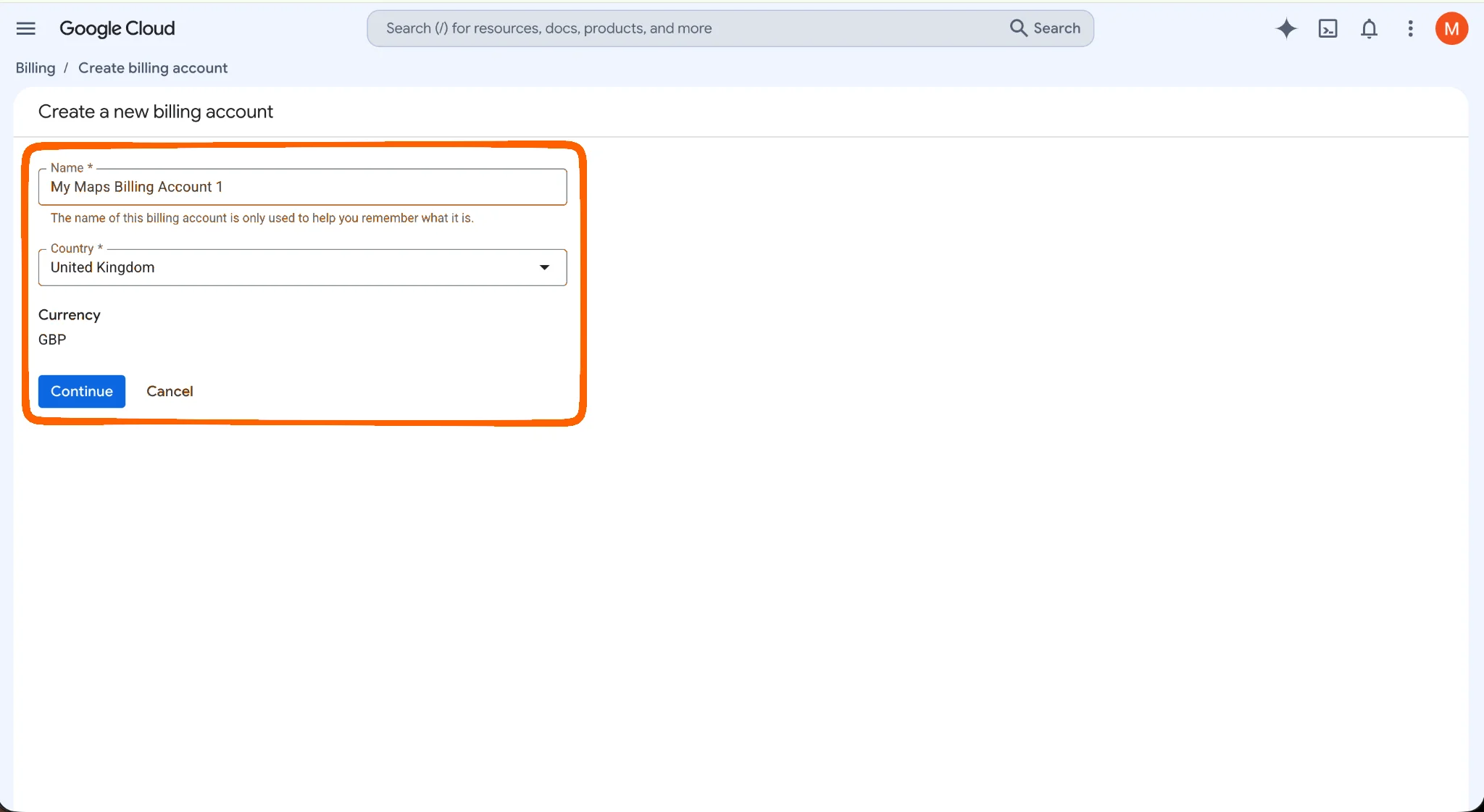 Google Cloud billing setup page for entering account name, country, and currency