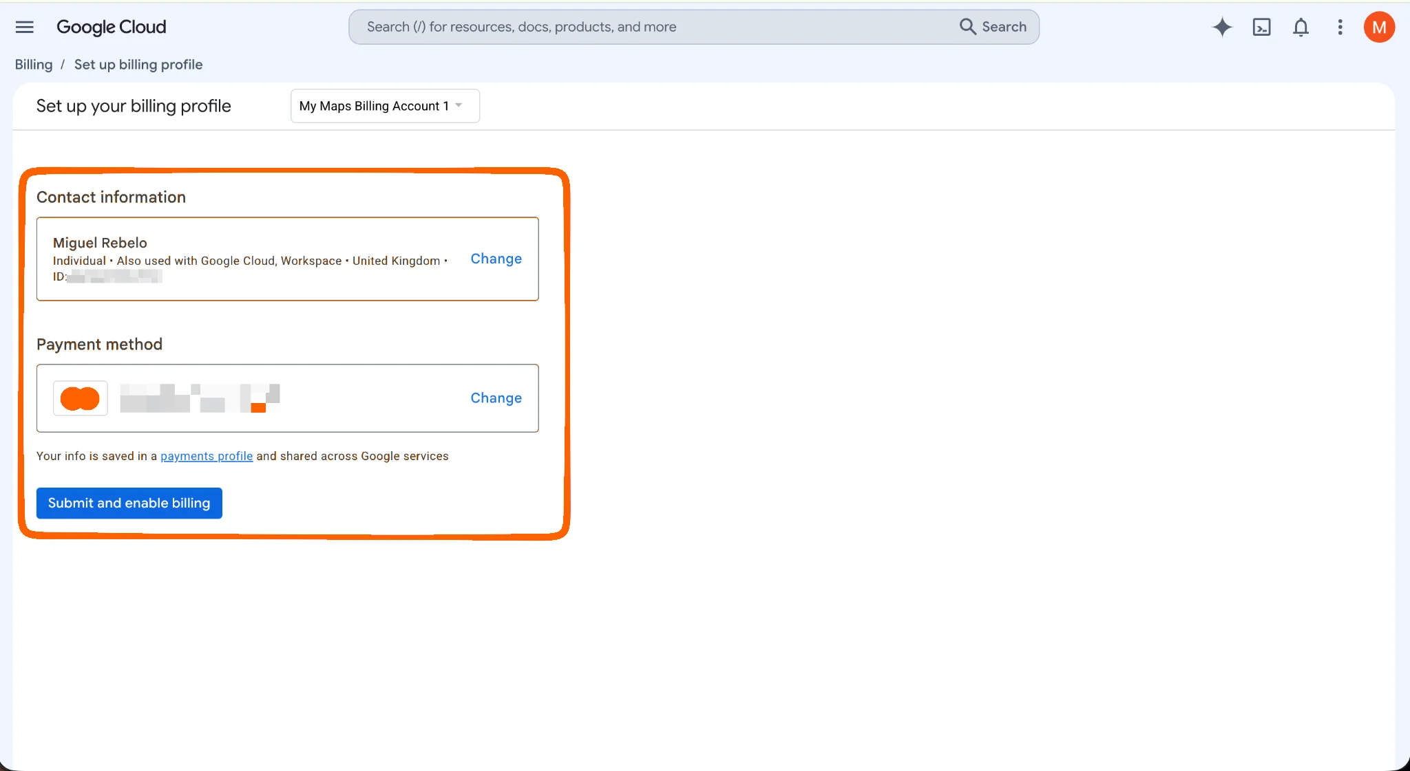 Google Cloud billing profile showing contact information, payment method, and Submit and enable billing