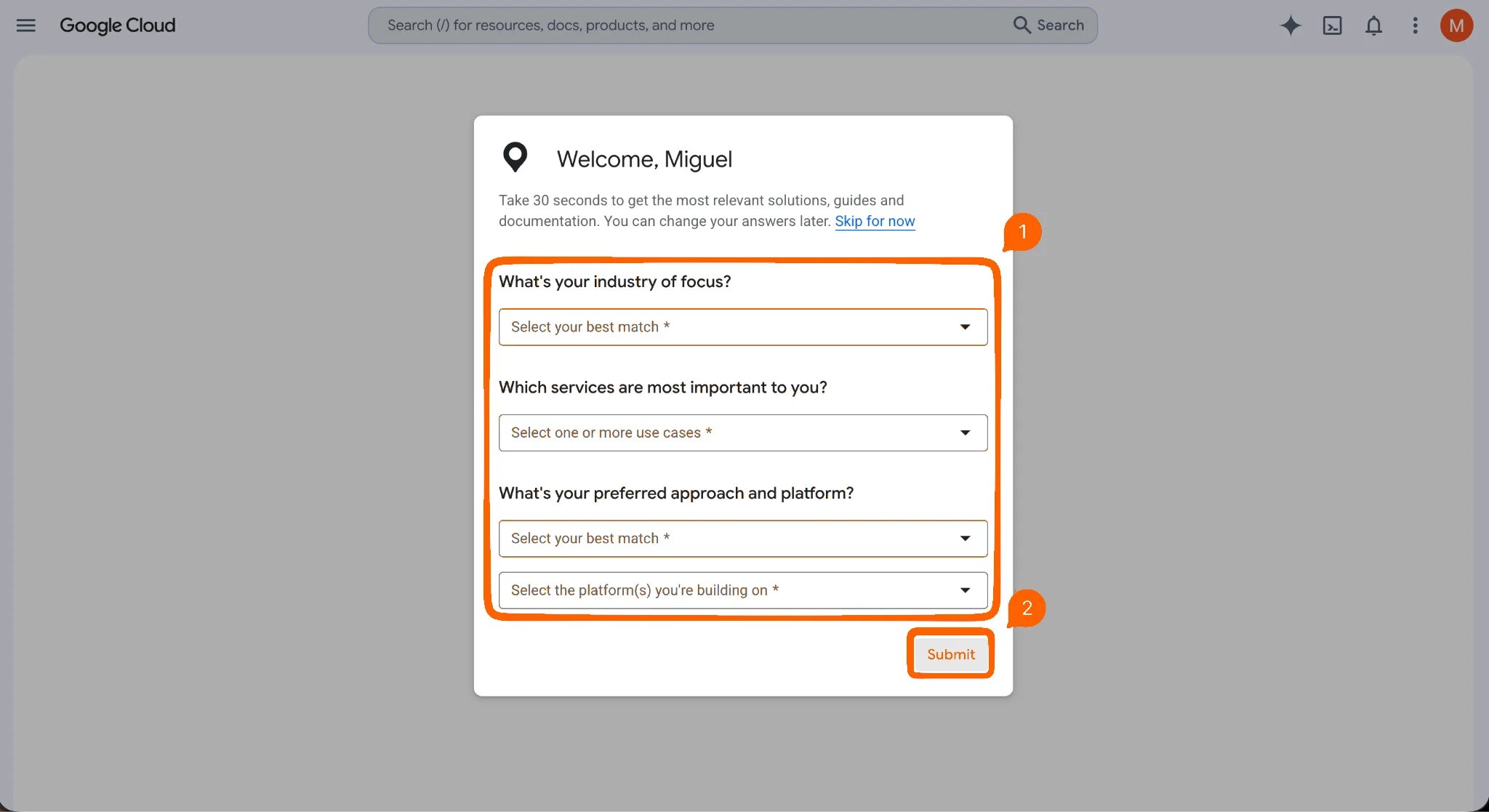 Google Cloud Maps onboarding form asking about intended use, business role, and preferred features