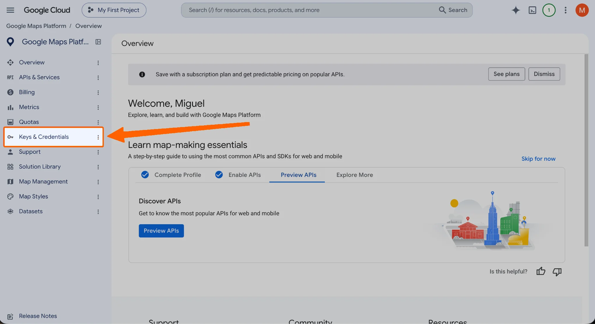 Google Cloud console with Keys & Credentials selected from the left sidebar