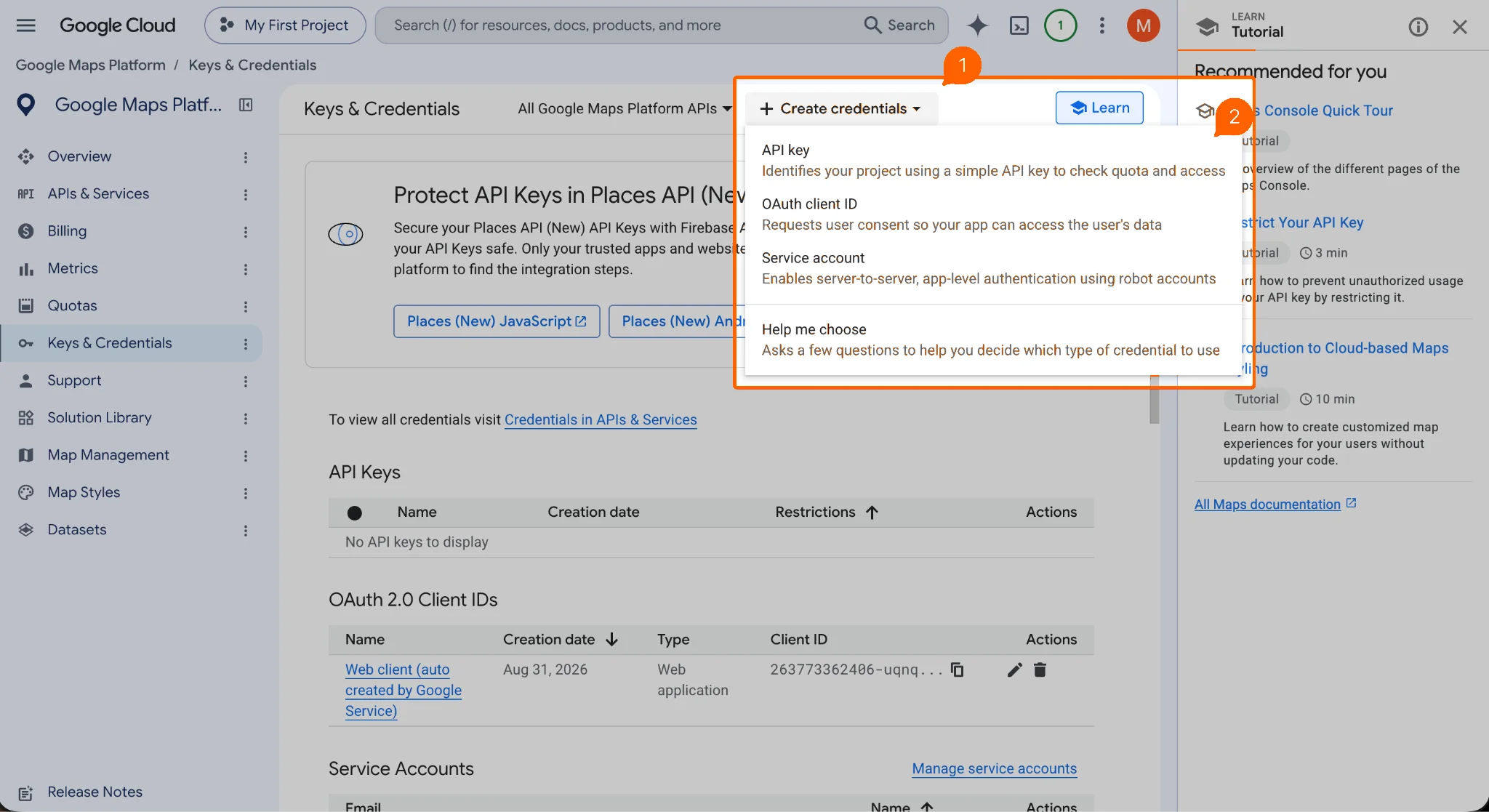 Google Cloud Credentials page with Create credentials menu and API key option highlighted
