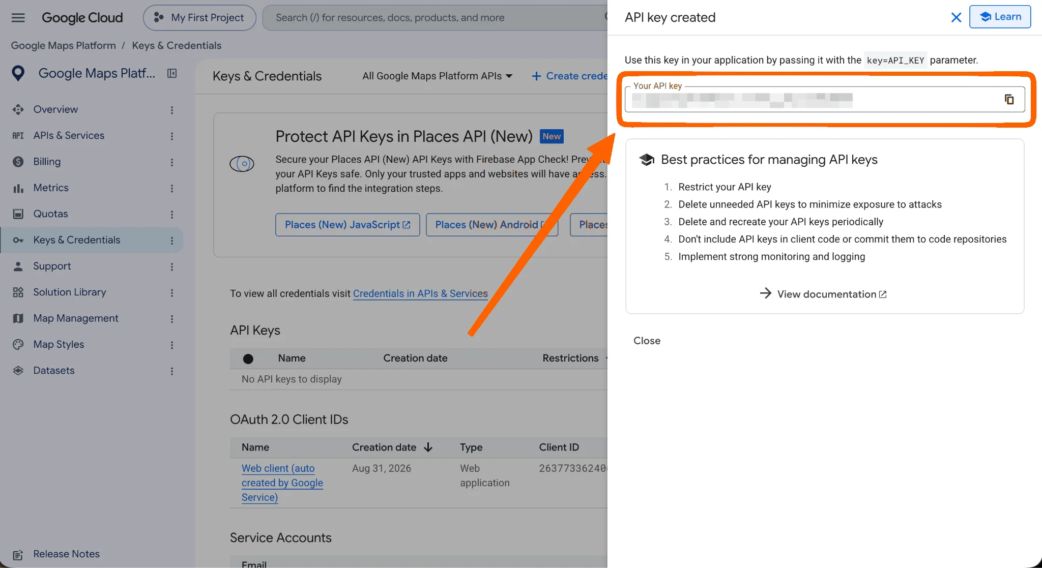Google Cloud confirmation panel displaying the newly created API key for copying