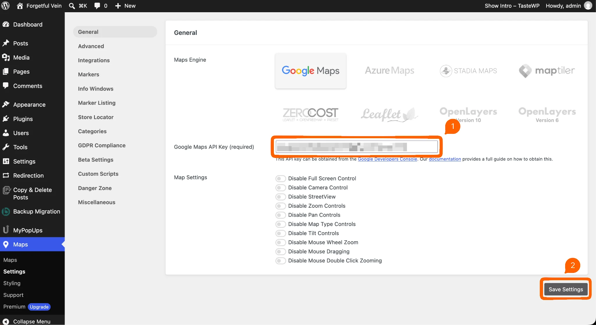 WP Go Maps settings with the Google Maps API key field and Save Settings highlighted
