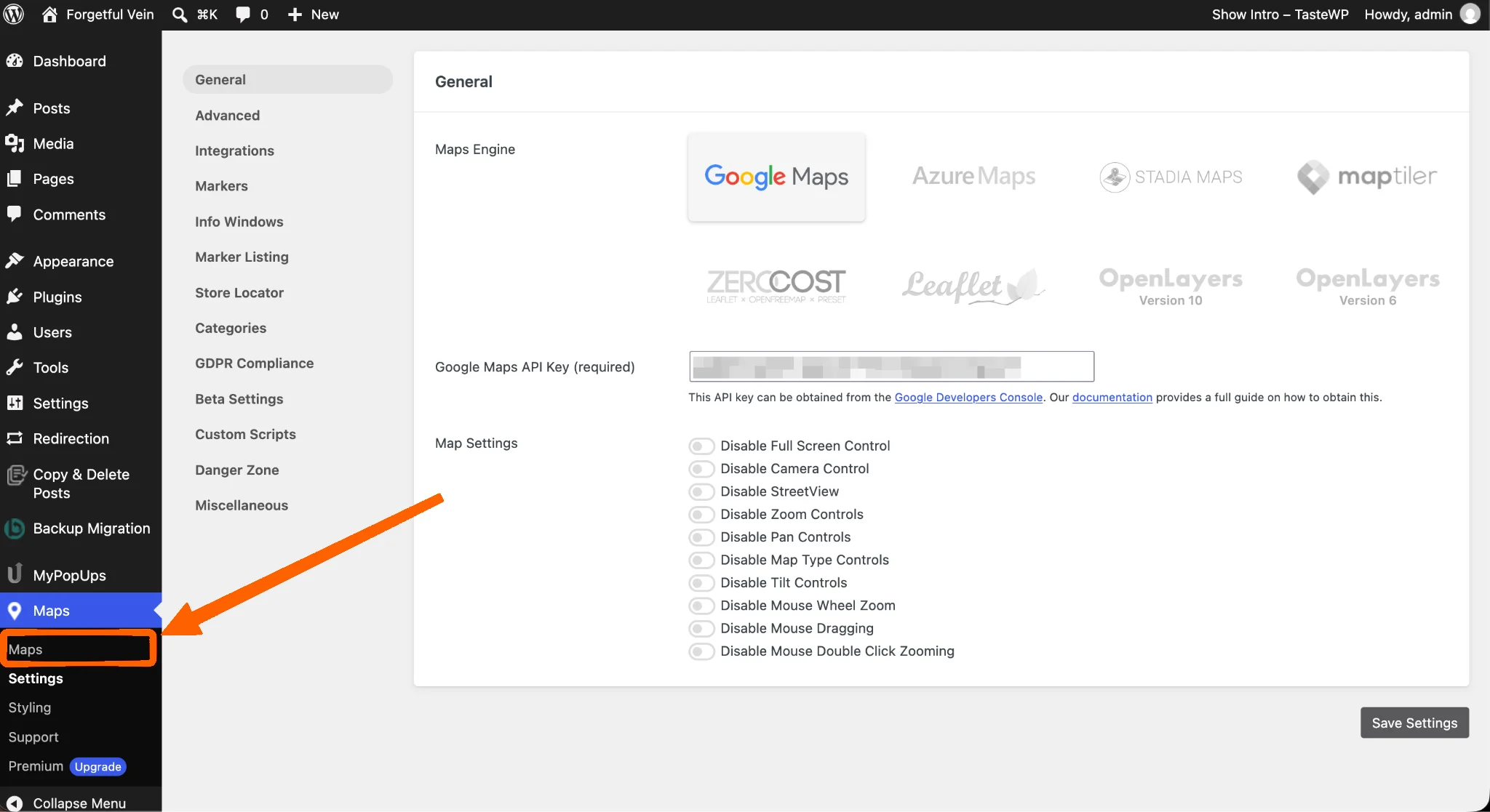 WordPress sidebar with the WP Go Maps Maps menu selected