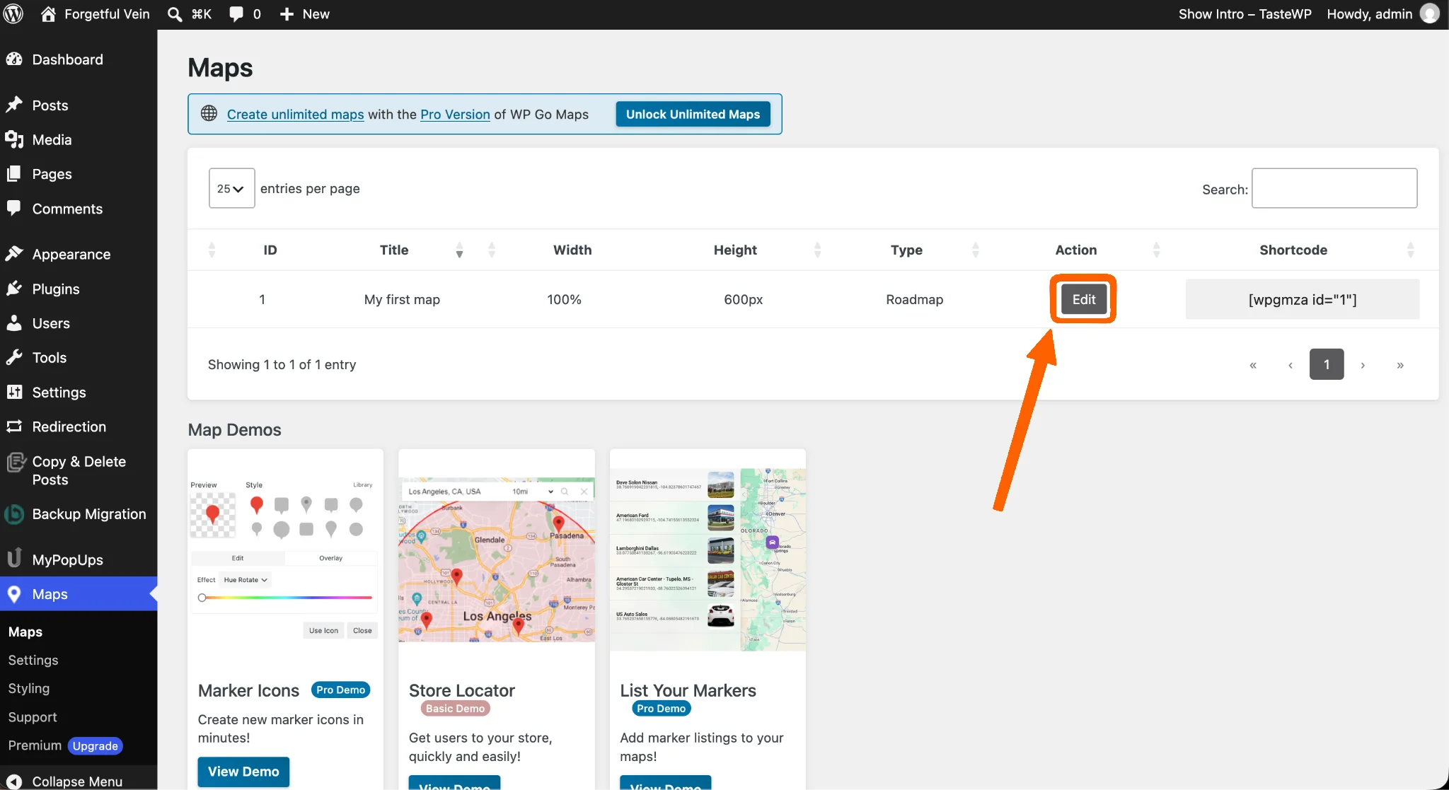 WP Go Maps dashboard showing the default map with its Edit button highlighted
