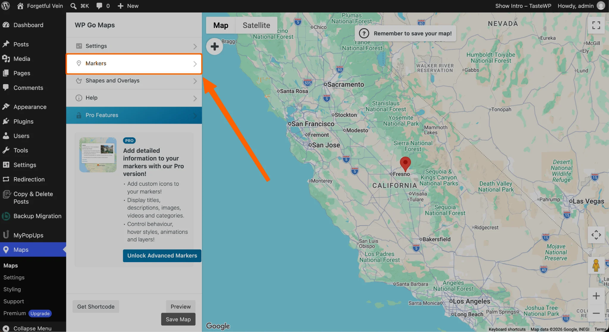WP Go Maps map editor with the Markers tab selected for adding locations