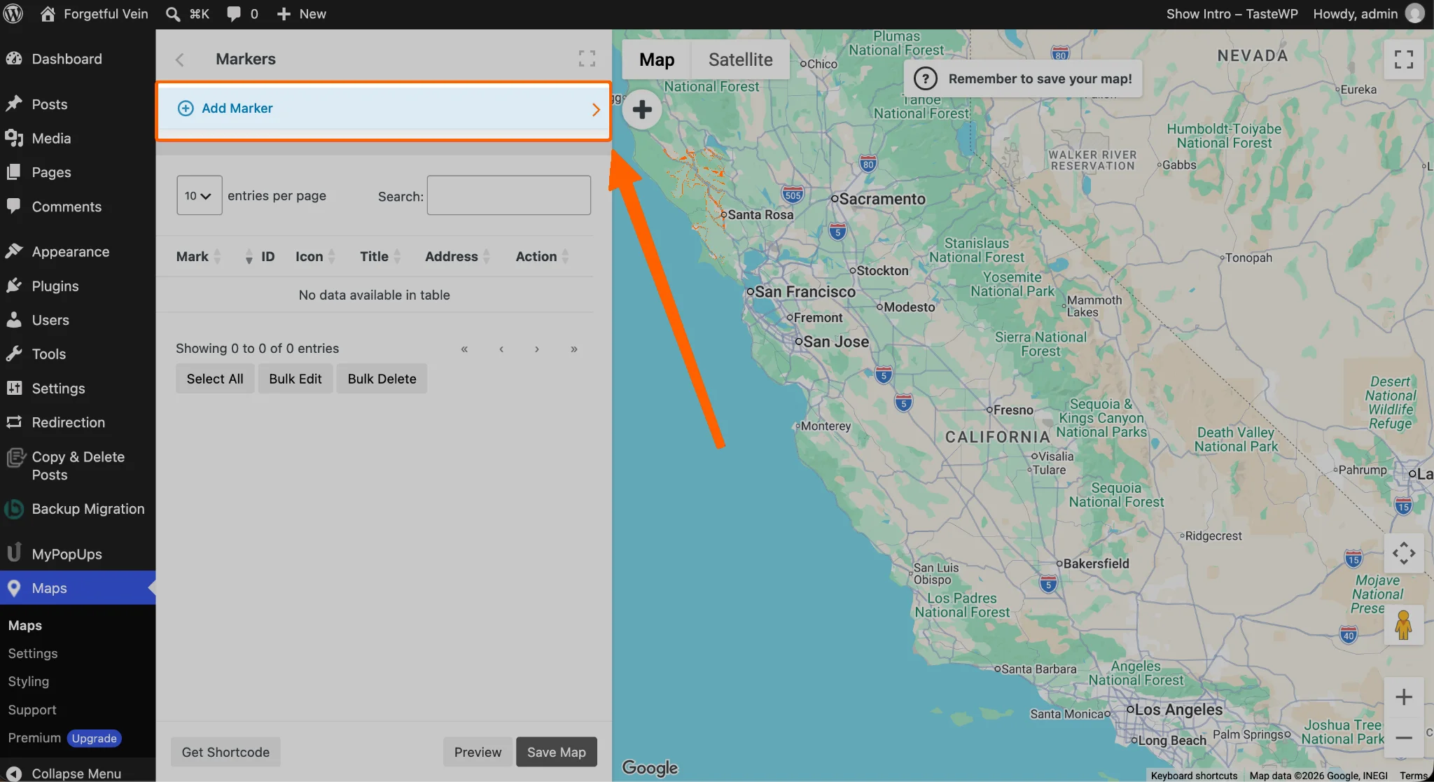 WP Go Maps editor with the Add Marker option selected